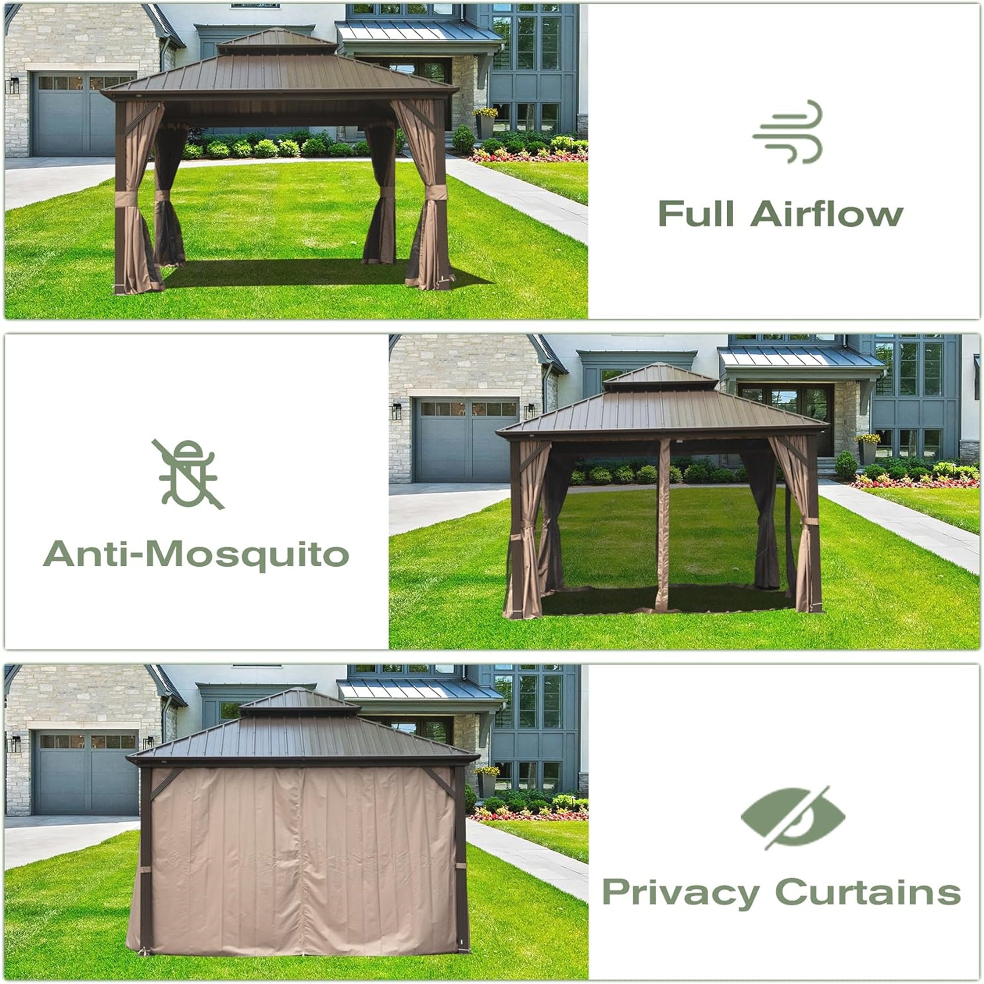 12' x 14' Outdoor Aluminum Hardtop Gazebo with Galvanized Steel Double Roof with Curtain and Netting