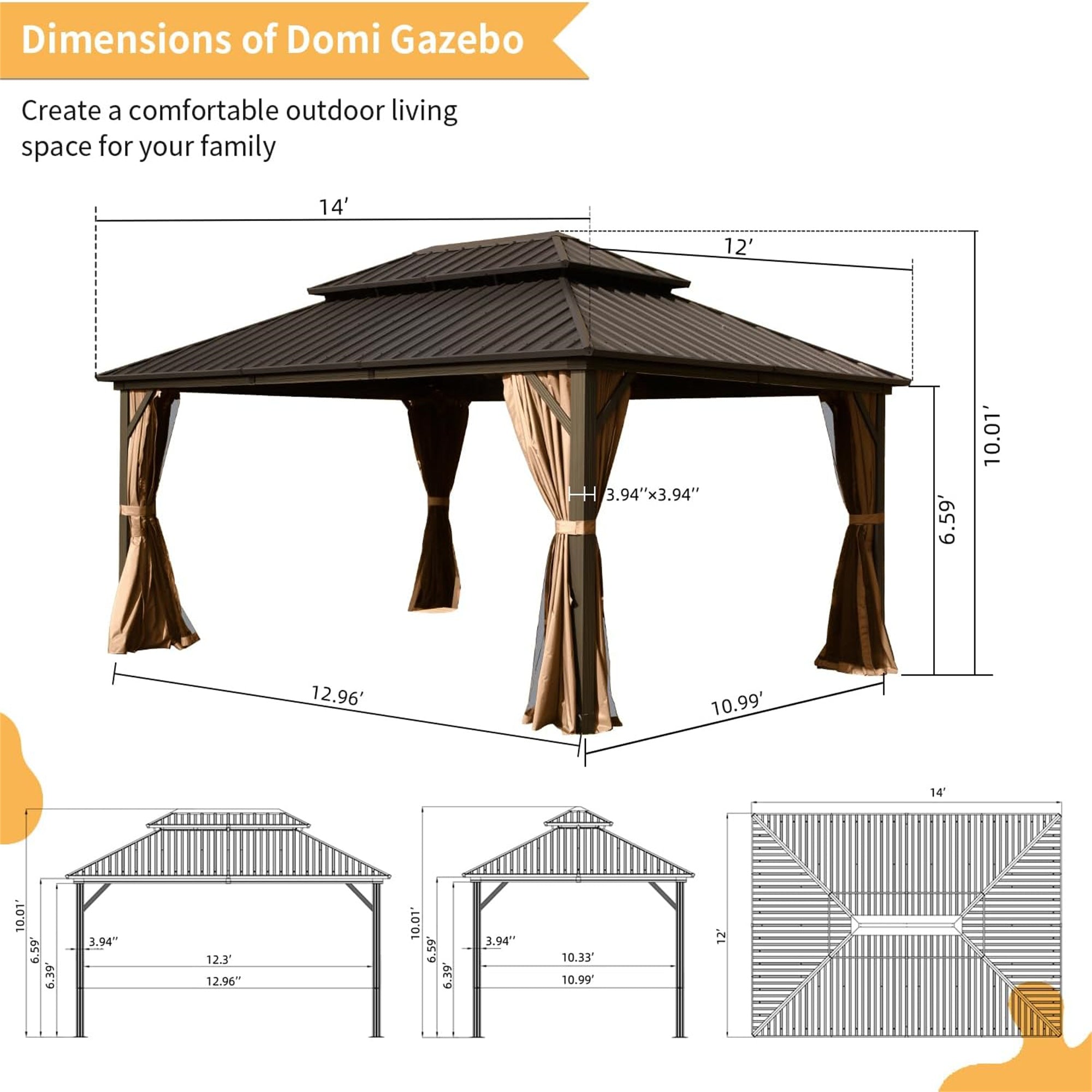 12' x 14' Outdoor Aluminum Hardtop Gazebo with Galvanized Steel Double Roof with Curtain and Netting