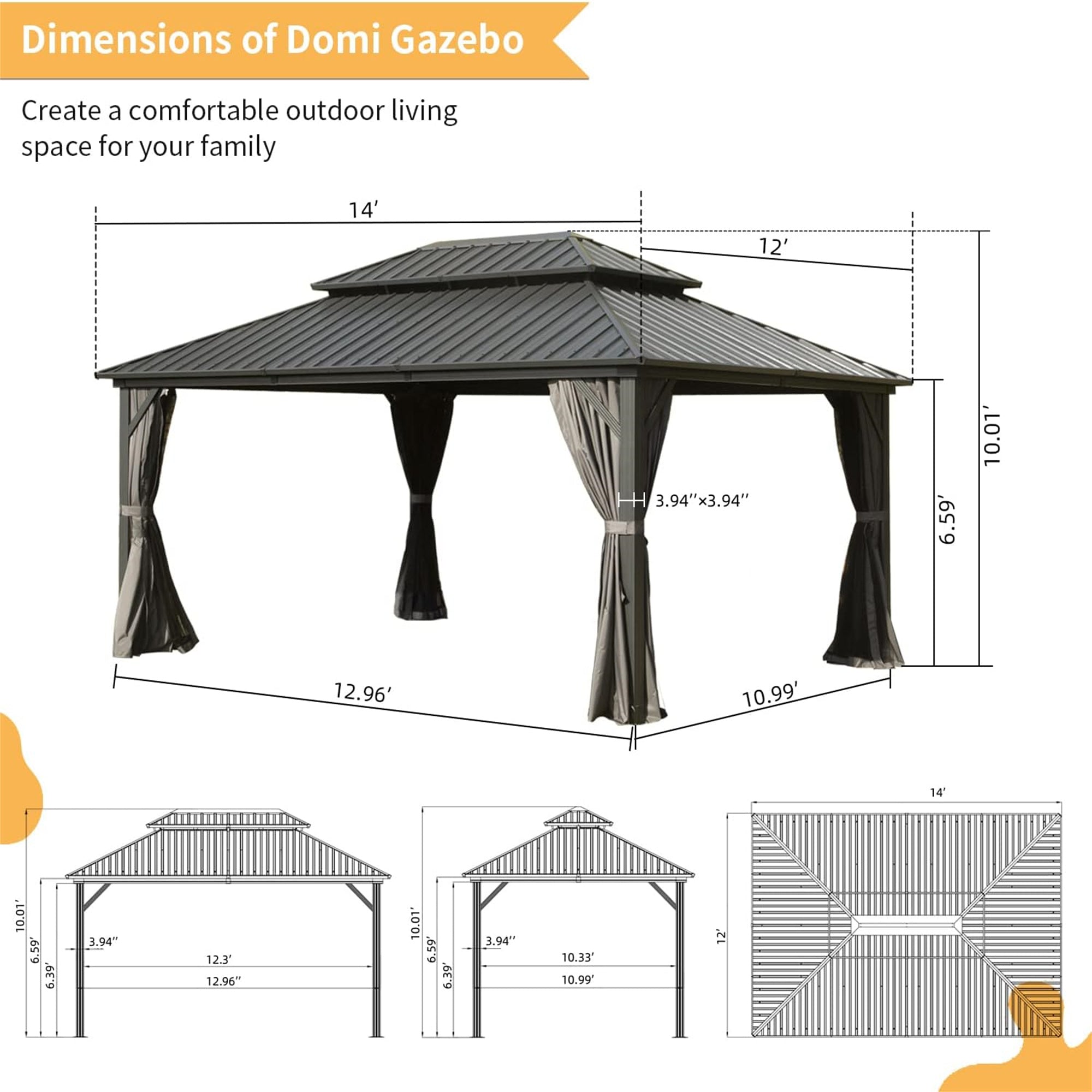 12' x 14' Outdoor Aluminum Hardtop Gazebo with Galvanized Steel Double Roof with Curtain and Netting