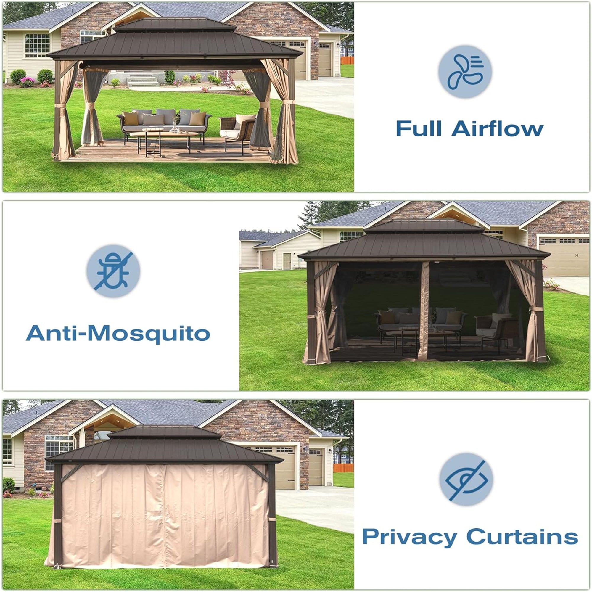 12' x 16' Outdoor Aluminum Hardtop Gazebo with Galvanized Steel Double Roof with Curtain and Netting