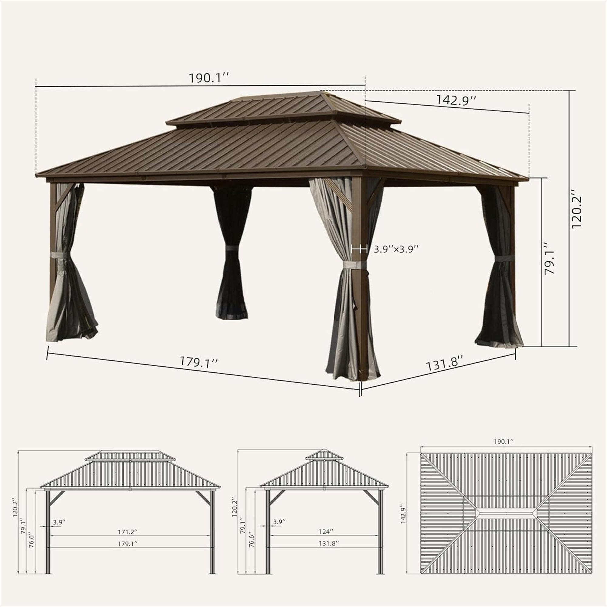 12' x 16' Outdoor Aluminum Hardtop Gazebo with Galvanized Steel Double Roof with Curtain and Netting