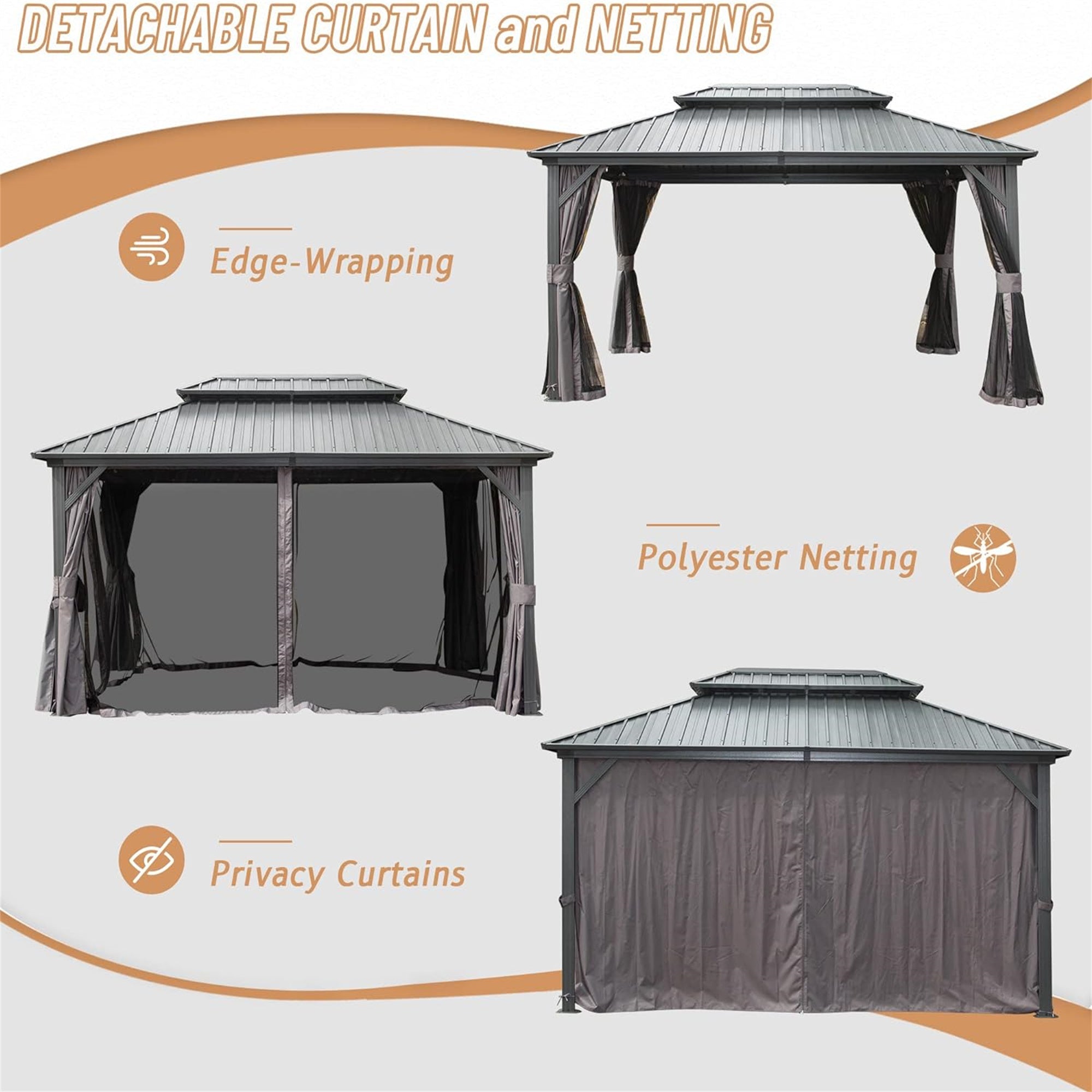 12' x 16' Outdoor Aluminum Hardtop Gazebo with Galvanized Steel Double Roof with Curtain and Netting