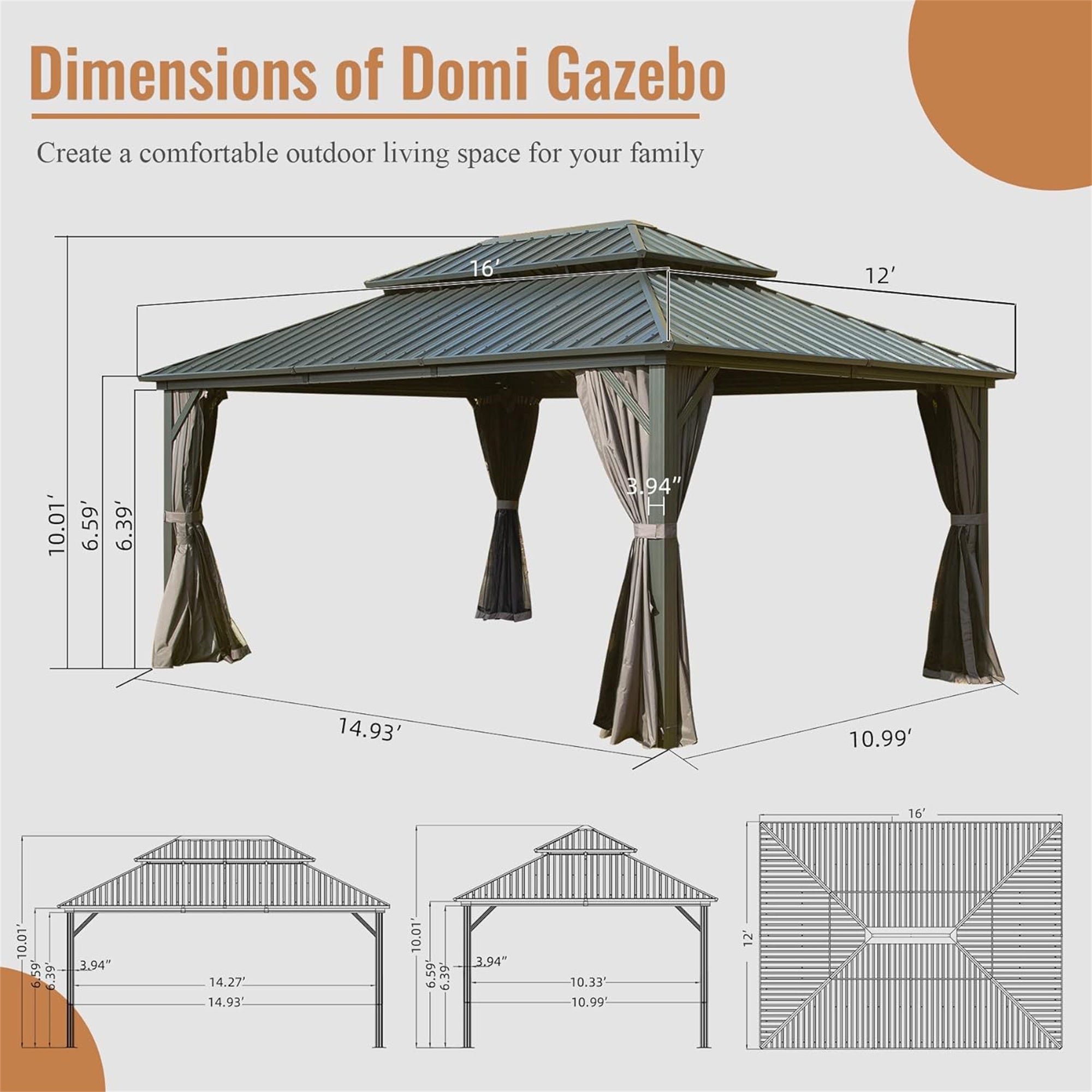 12' x 16' Outdoor Aluminum Hardtop Gazebo with Galvanized Steel Double Roof with Curtain and Netting