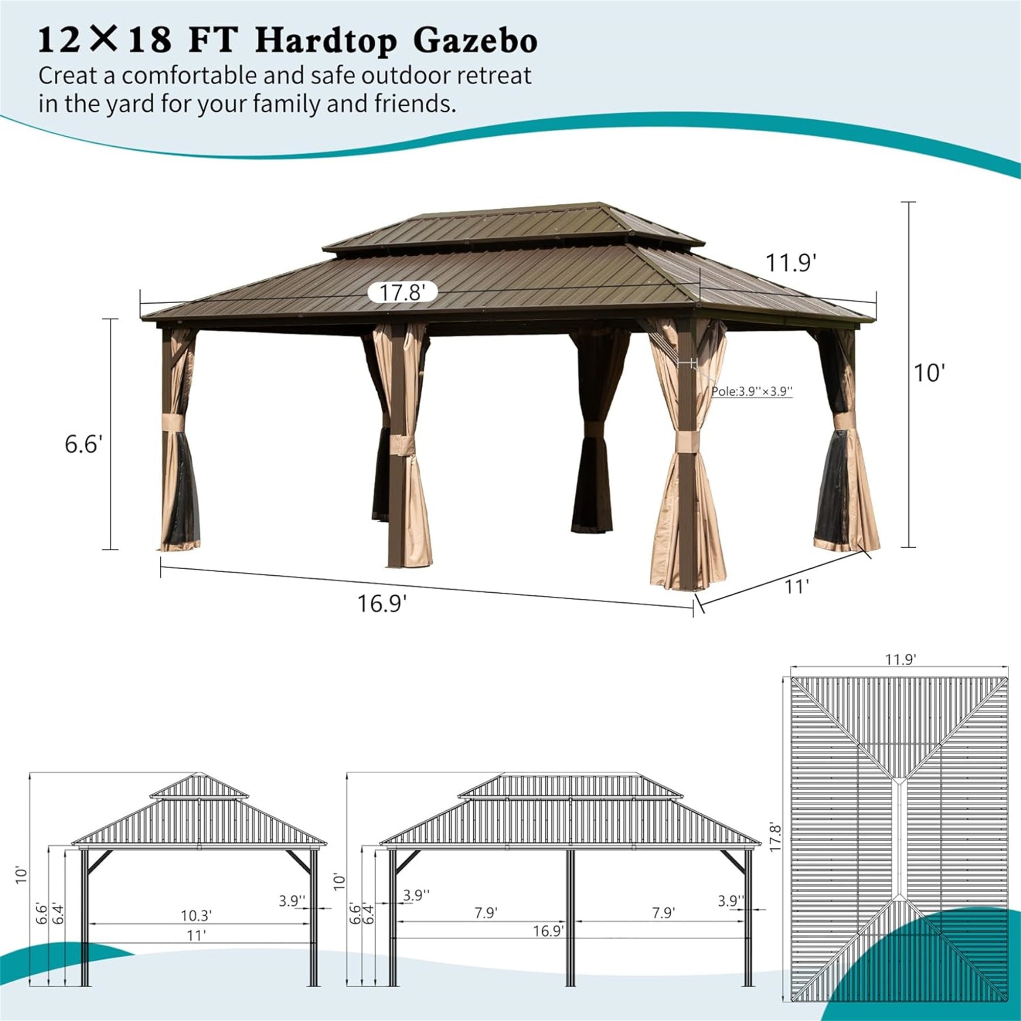 12' x 18' Outdoor Aluminum Hardtop Gazebo with Galvanized Steel Double Roof with Curtain and Netting