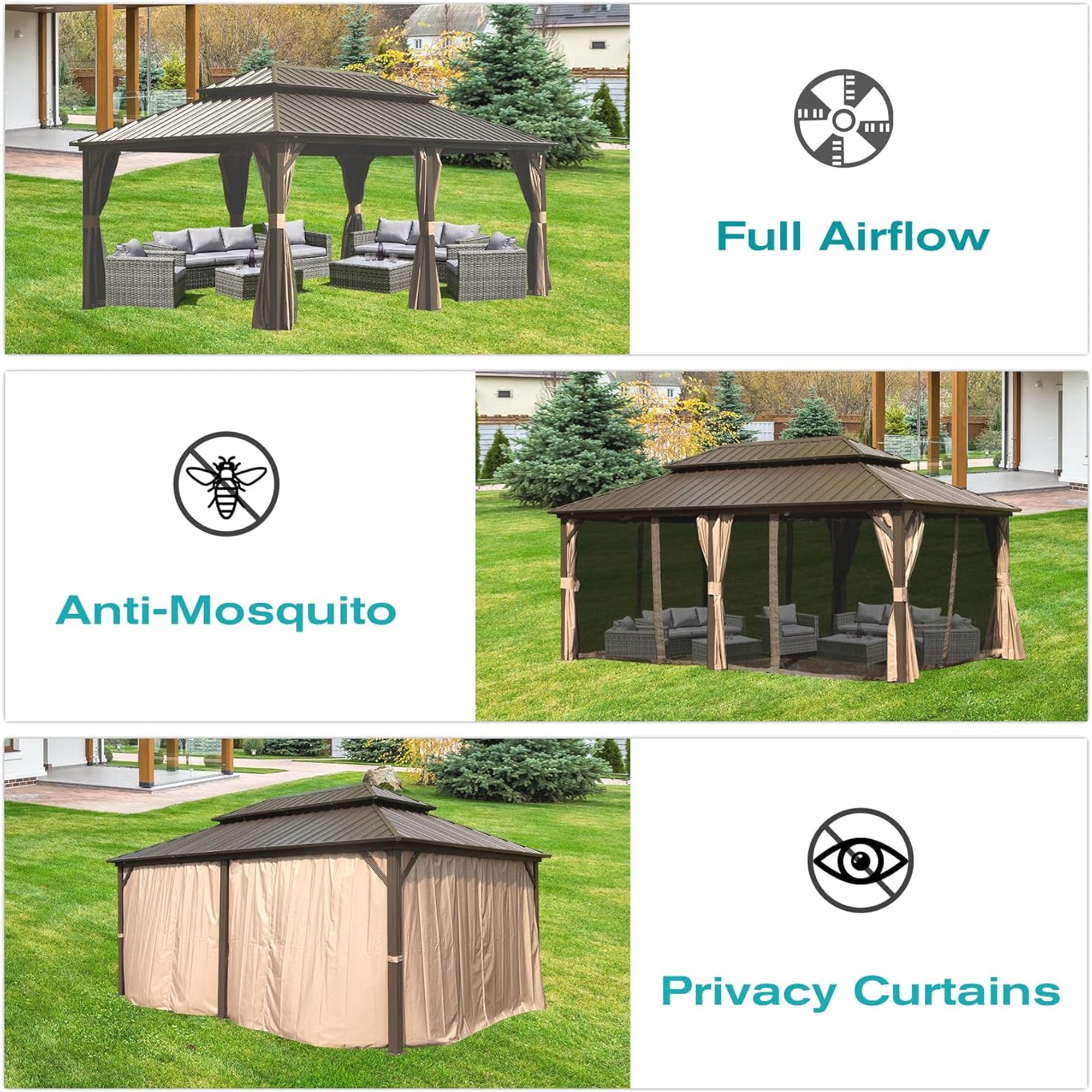 12' x 18' Outdoor Aluminum Hardtop Gazebo with Galvanized Steel Double Roof with Curtain and Netting