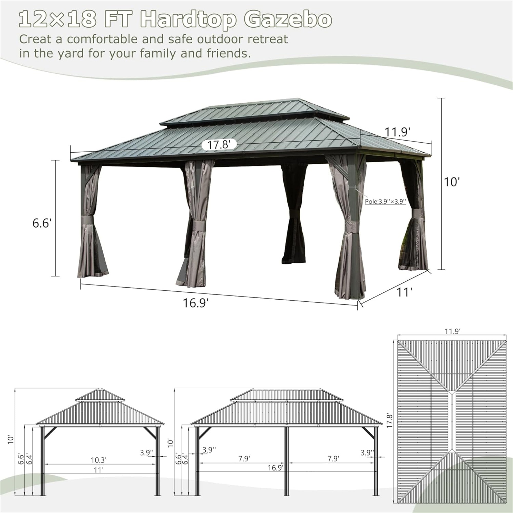 12' x 18' Outdoor Aluminum Hardtop Gazebo with Galvanized Steel Double Roof with Curtain and Netting