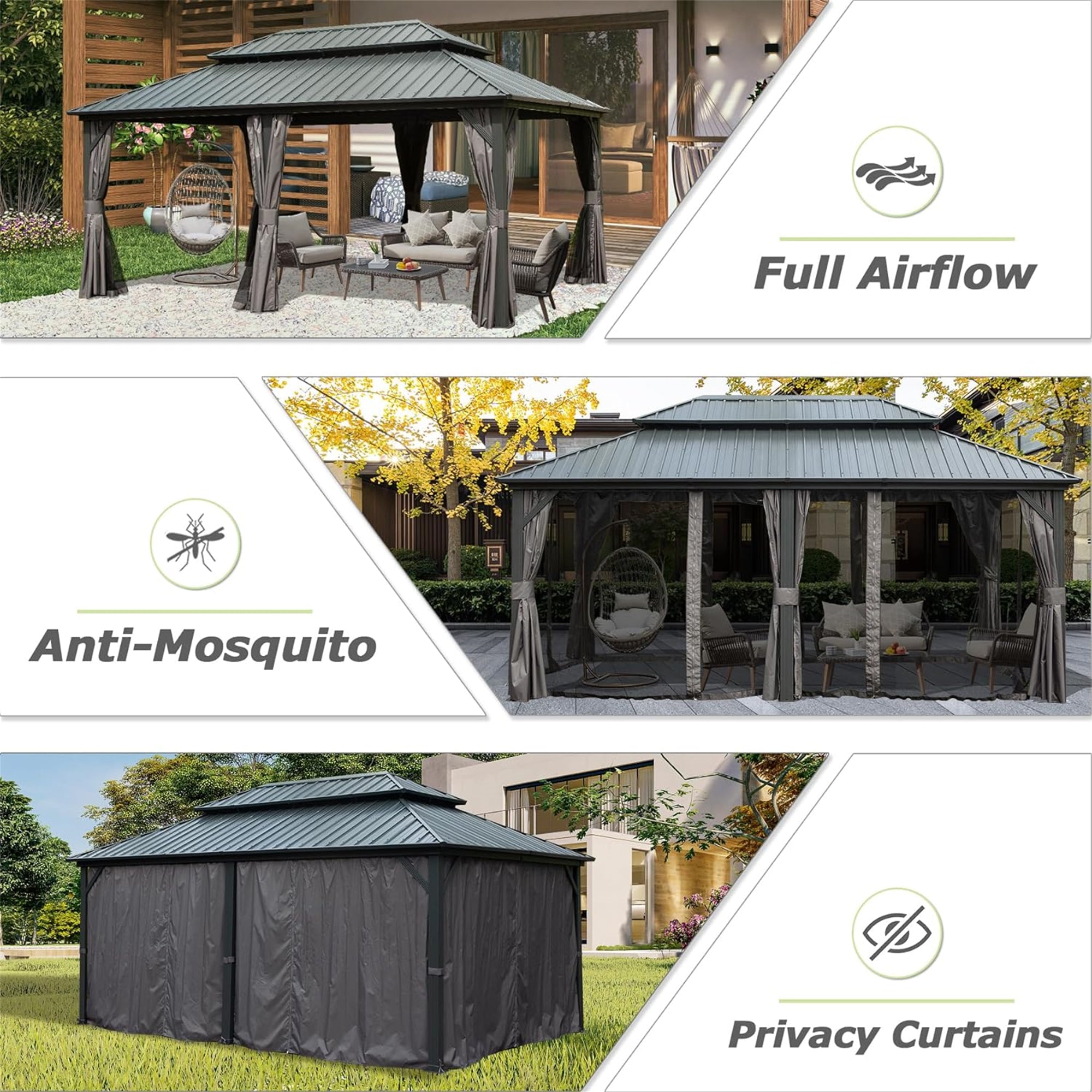 12' x 18' Outdoor Aluminum Hardtop Gazebo with Galvanized Steel Double Roof with Curtain and Netting