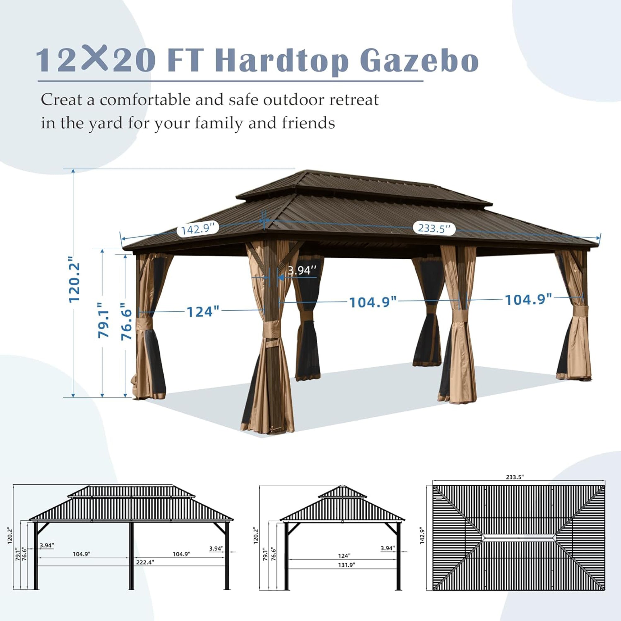 12' x 20' Outdoor Aluminum Hardtop Gazebo with Galvanized Steel Double Roof with Curtain and Netting