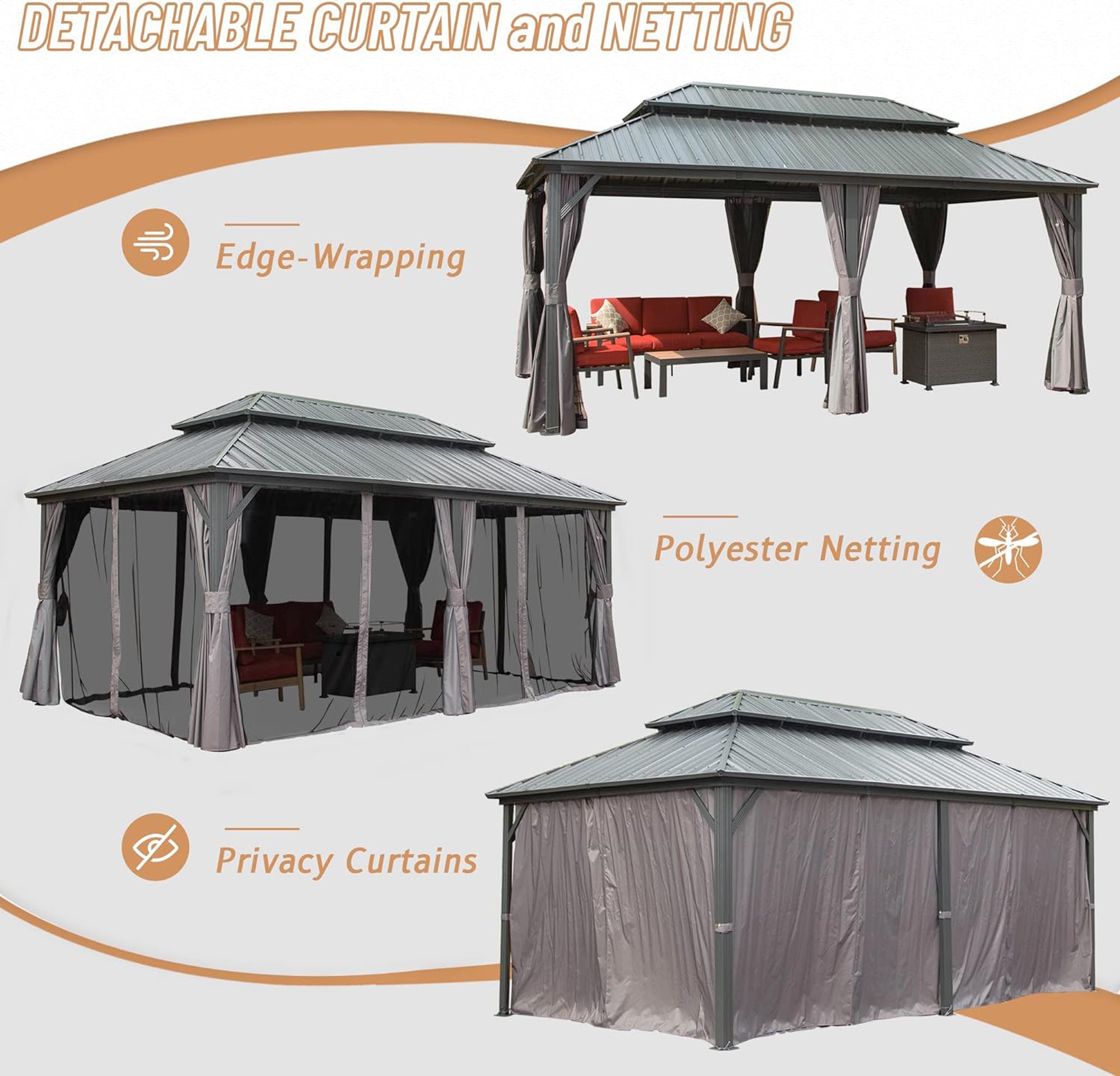 12' x 20' Outdoor Aluminum Hardtop Gazebo with Galvanized Steel Double Roof with Curtain and Netting