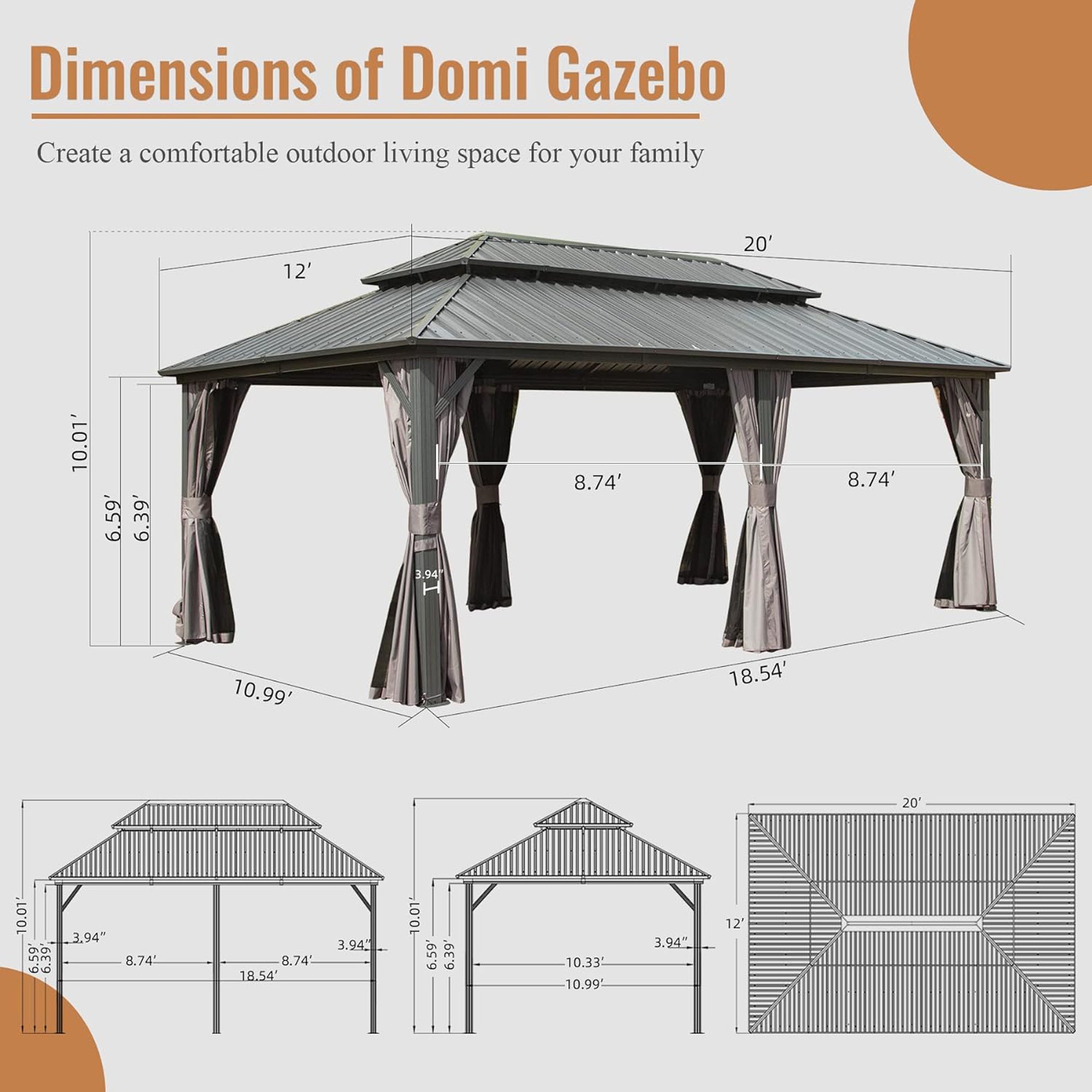 12' x 20' Outdoor Aluminum Hardtop Gazebo with Galvanized Steel Double Roof with Curtain and Netting