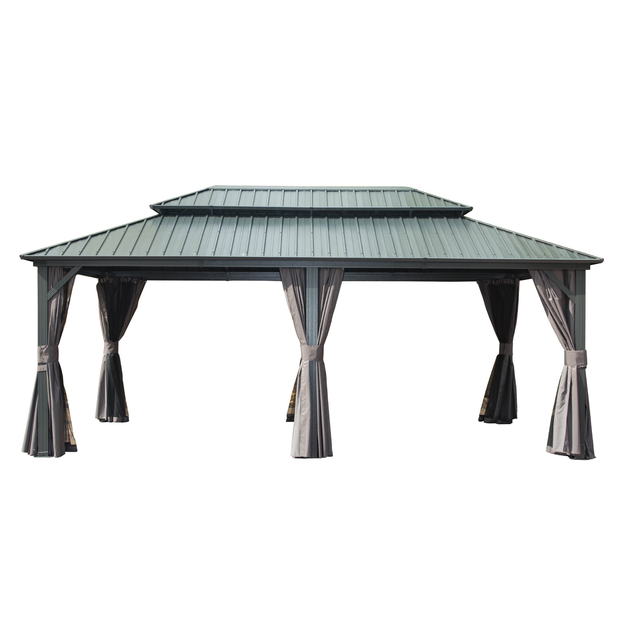 12' x 20' Outdoor Aluminum Hardtop Gazebo with Galvanized Steel Double Roof with Curtain and Netting