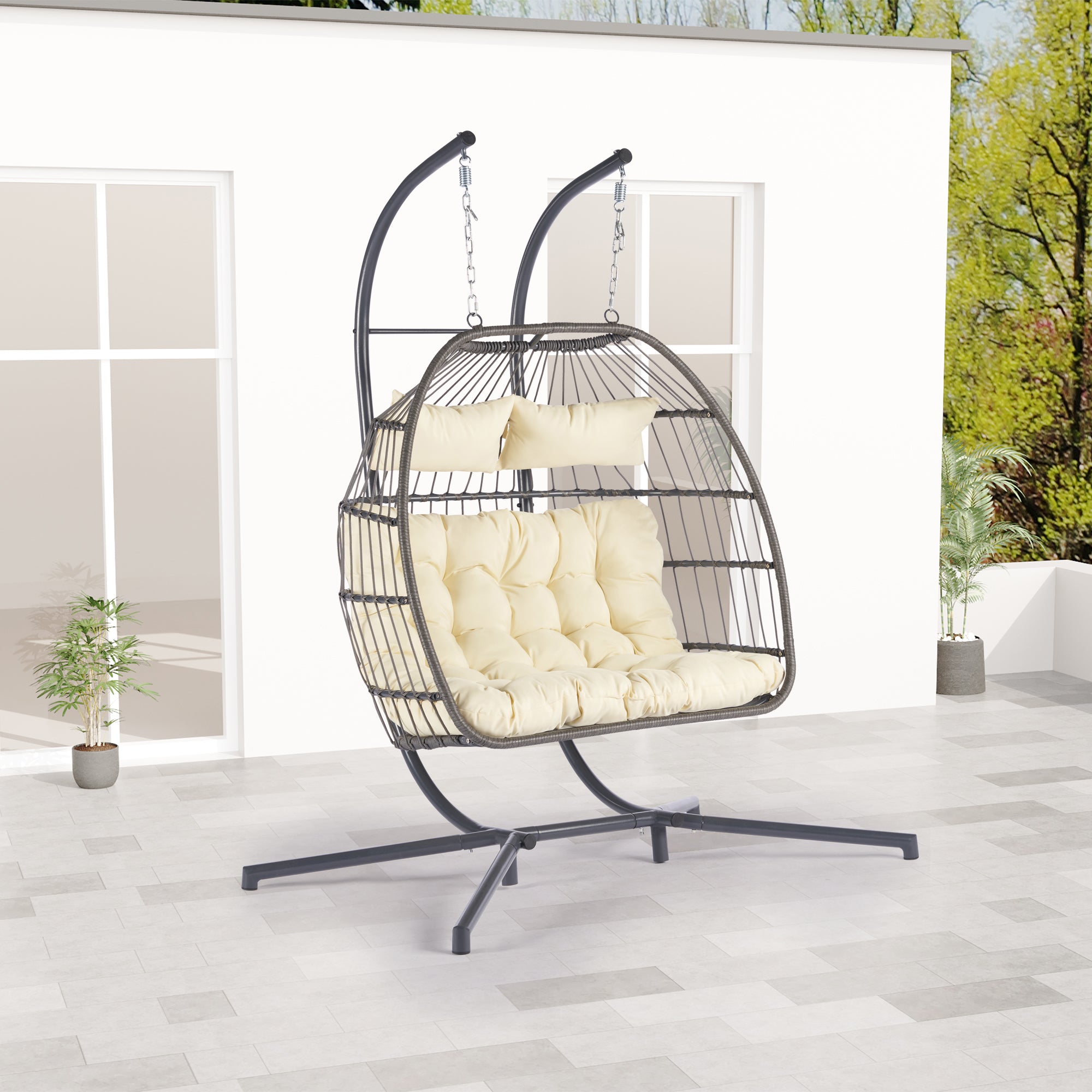 2 Person Wicker Rattan Patio Hanging Swing Egg Chair with Cushion