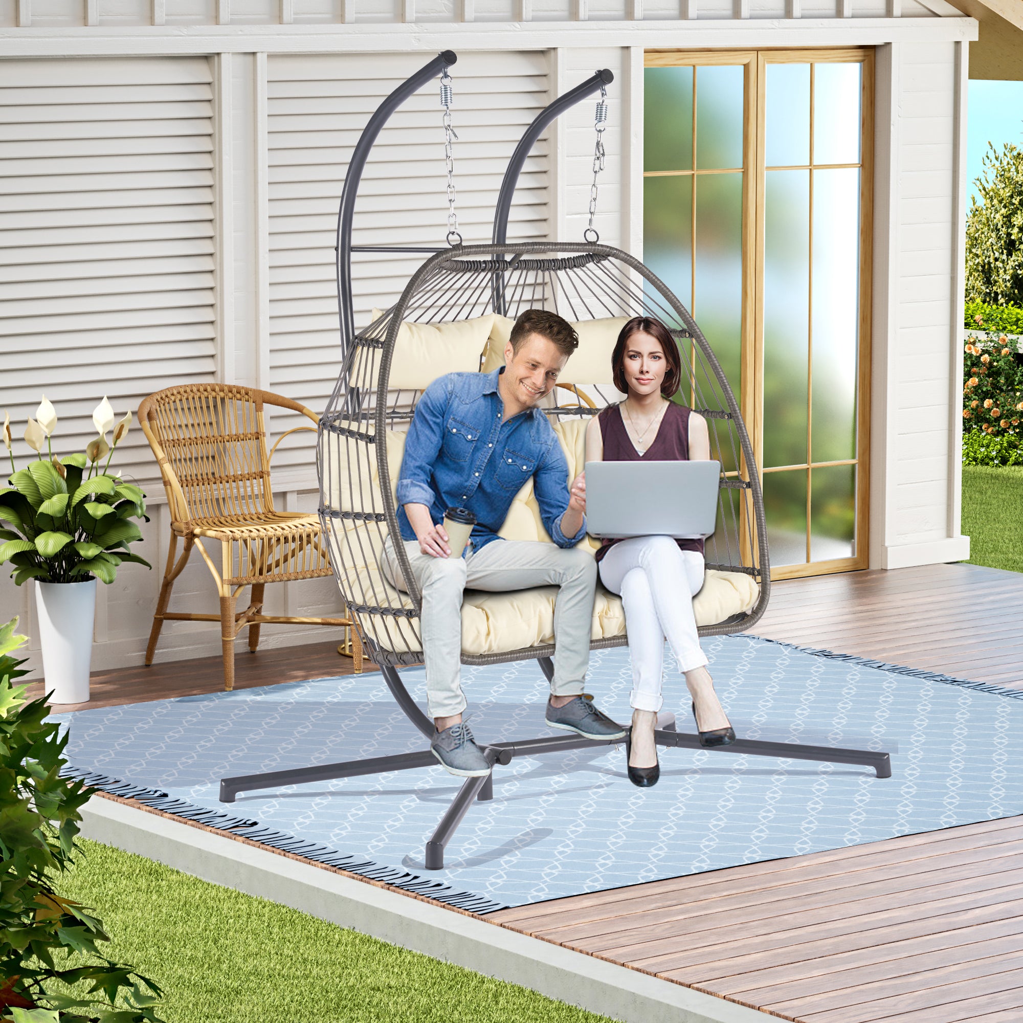 2 Person Wicker Rattan Patio Hanging Swing Egg Chair with Cushion