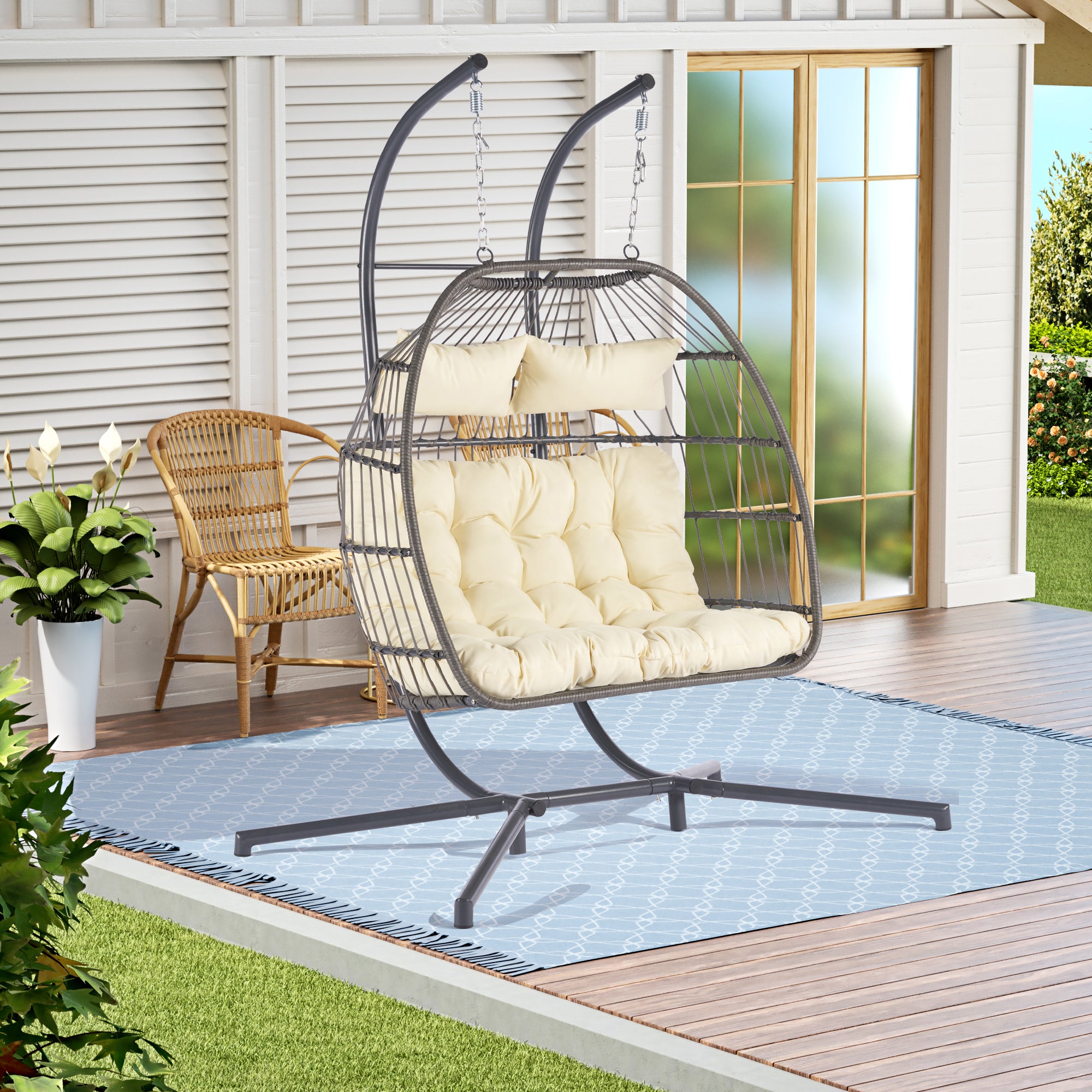 2 Person Wicker Rattan Patio Hanging Swing Egg Chair with Cushion