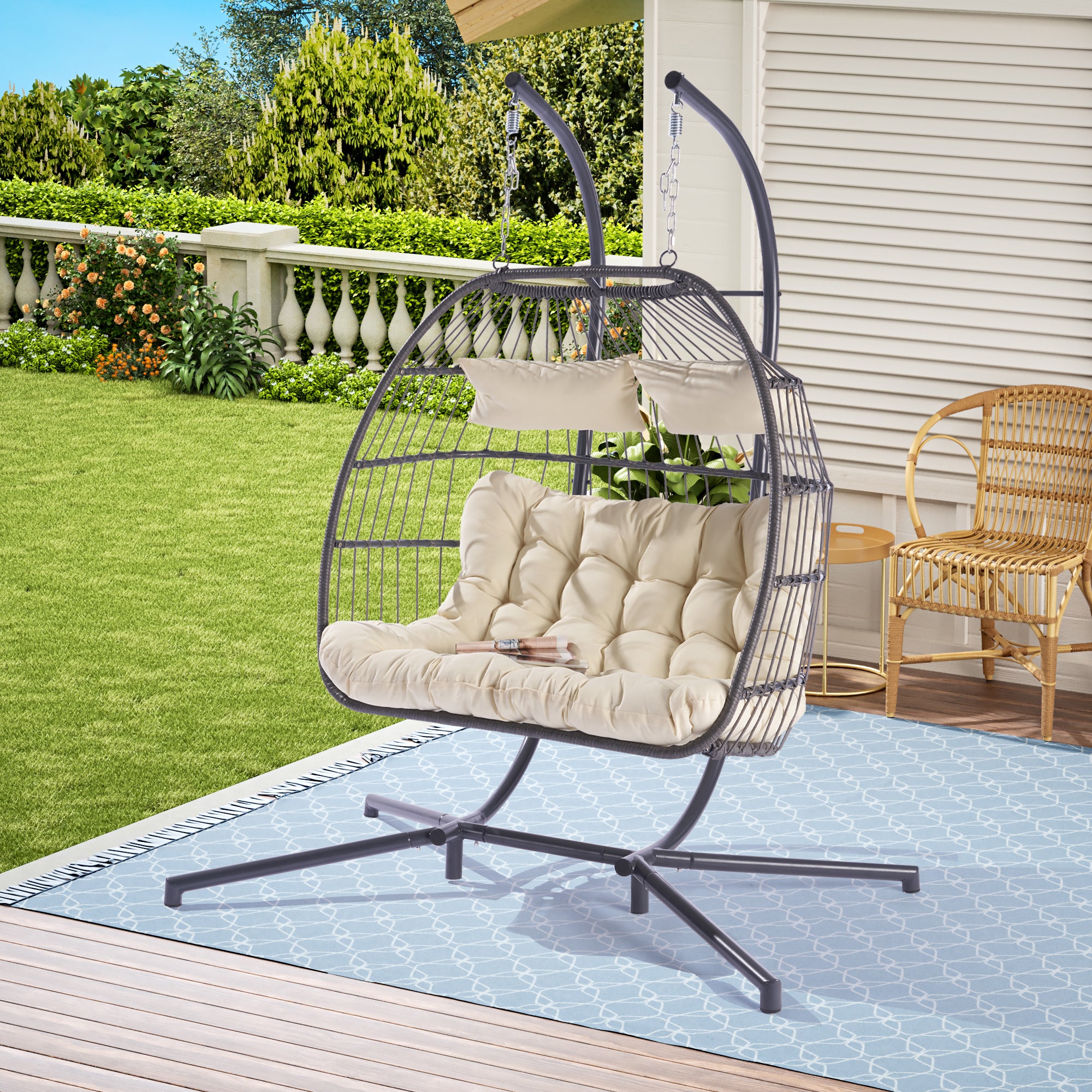 2 Person Wicker Rattan Patio Hanging Swing Egg Chair with Cushion