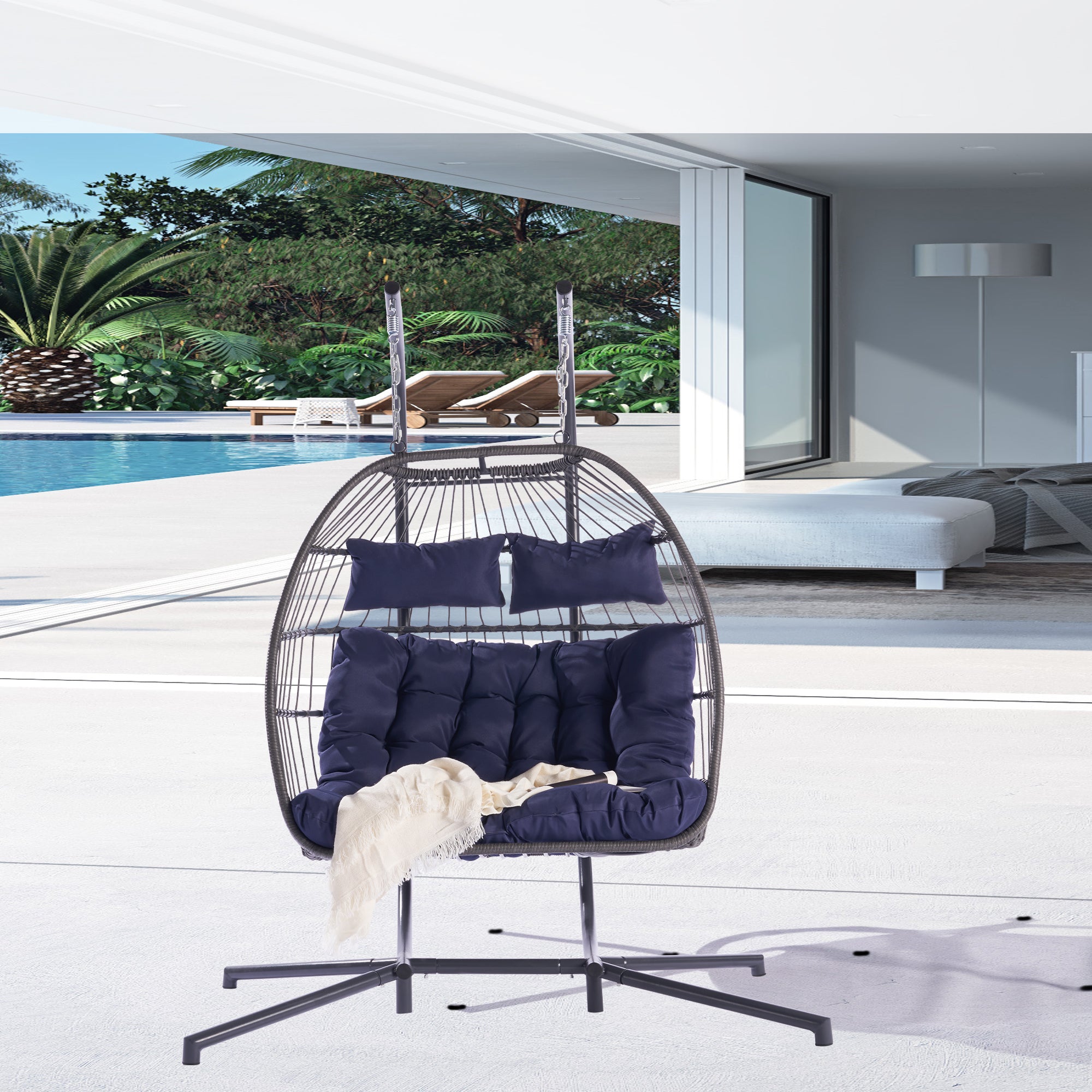 2 Person Wicker Rattan Patio Hanging Swing Egg Chair with Cushion