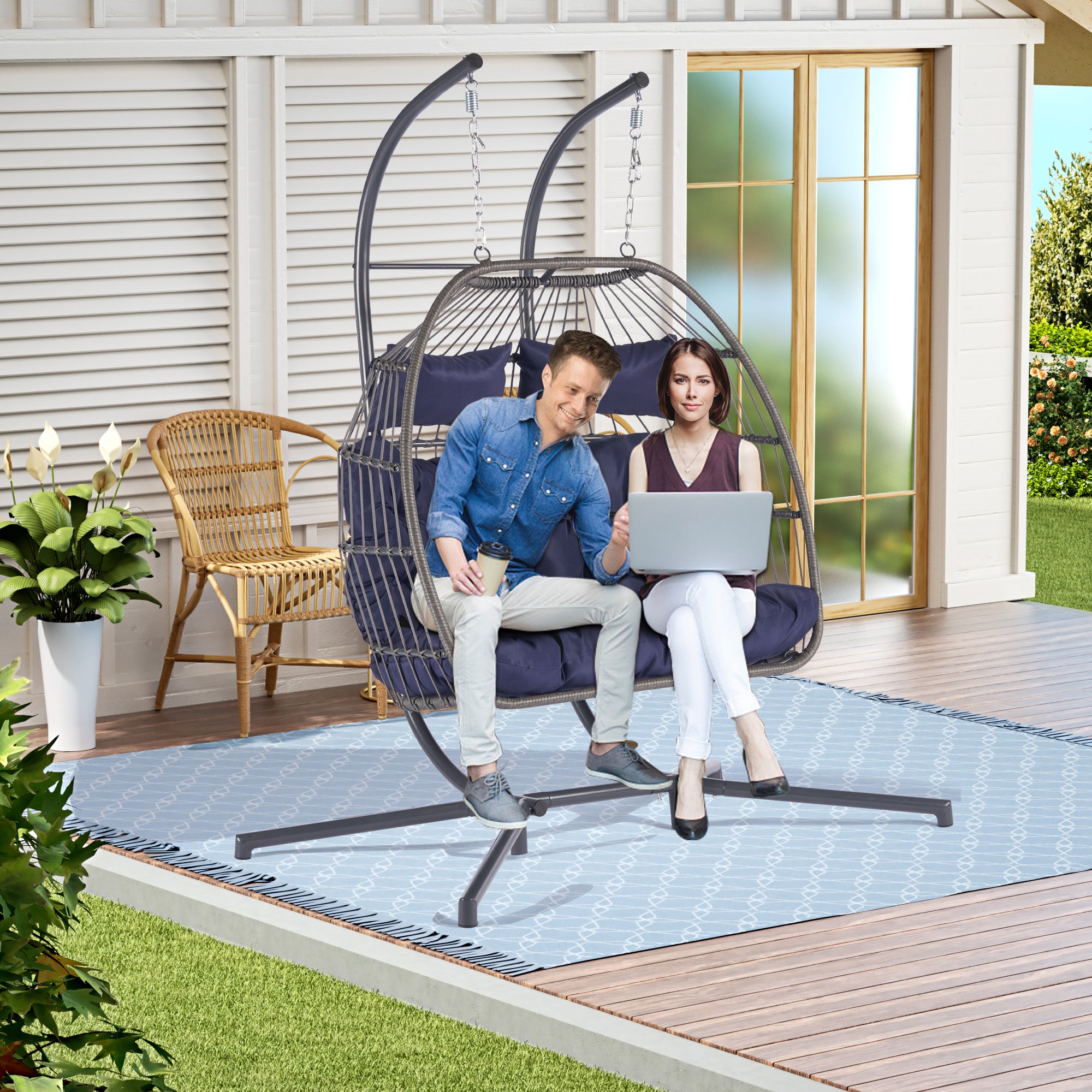 2 Person Wicker Rattan Patio Hanging Swing Egg Chair with Cushion