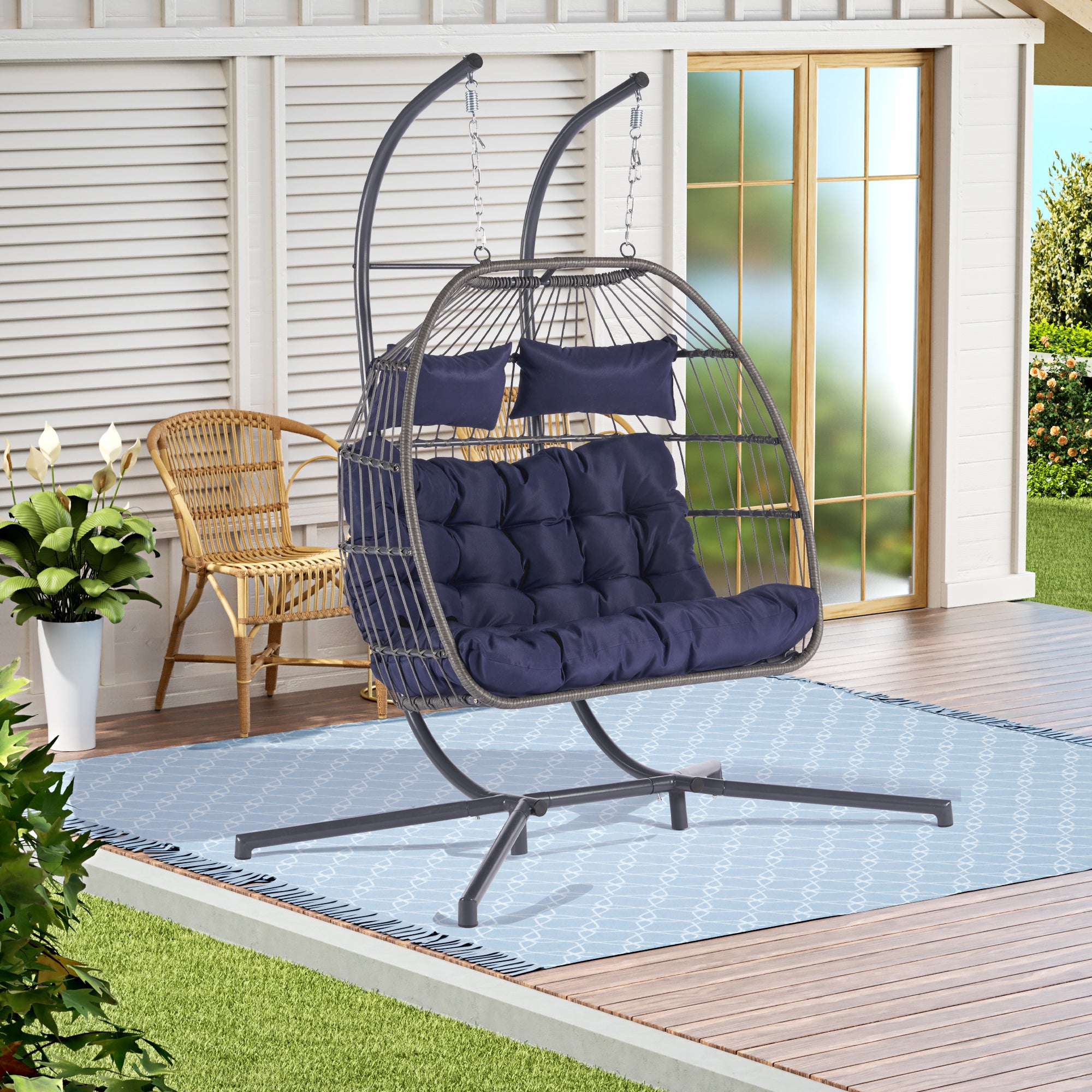 2 Person Wicker Rattan Patio Hanging Swing Egg Chair with Cushion