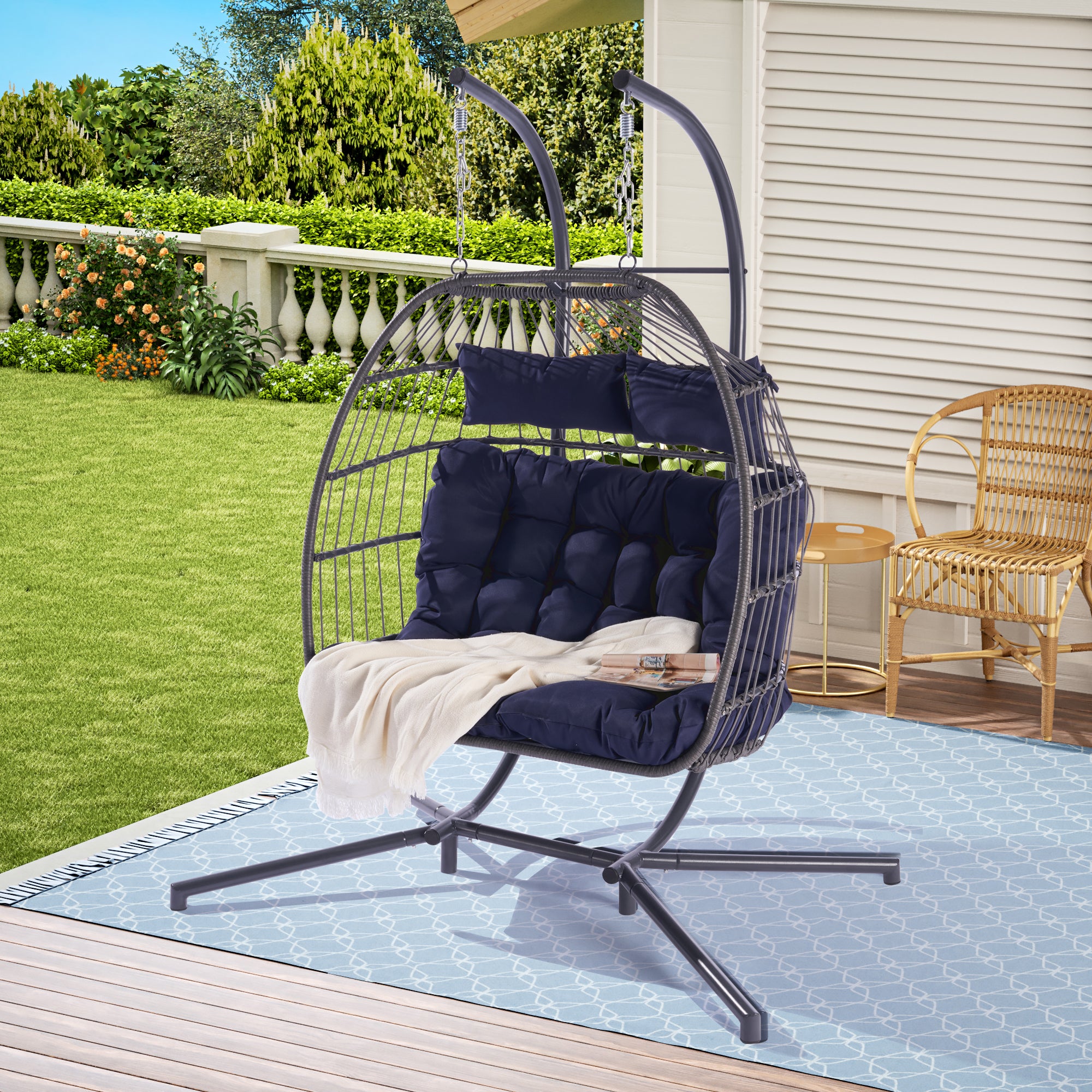 2 Person Wicker Rattan Patio Hanging Swing Egg Chair with Cushion