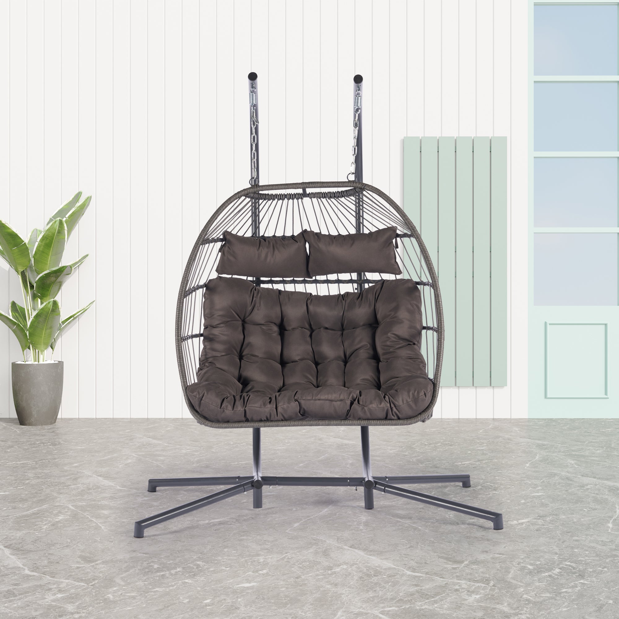2 Person Wicker Rattan Patio Hanging Swing Egg Chair with Cushion