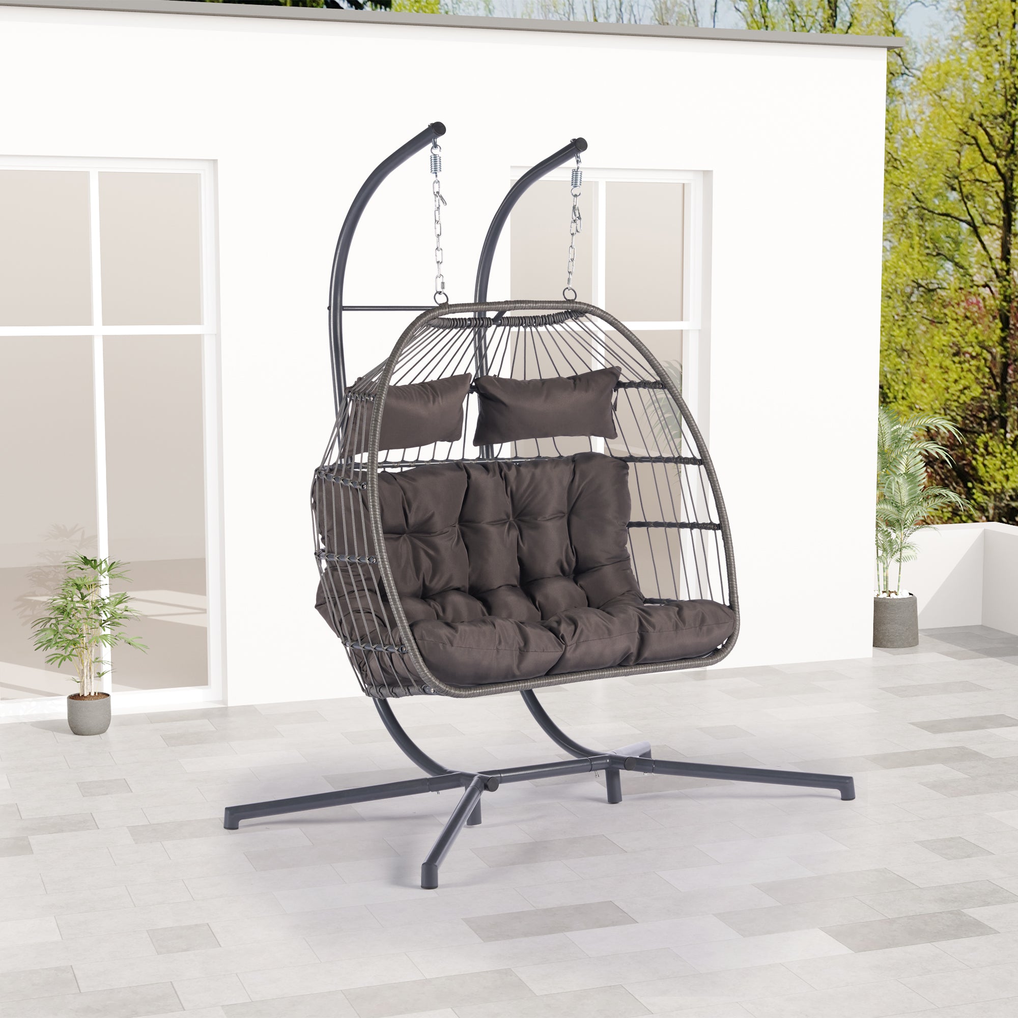 2 Person Wicker Rattan Patio Hanging Swing Egg Chair with Cushion