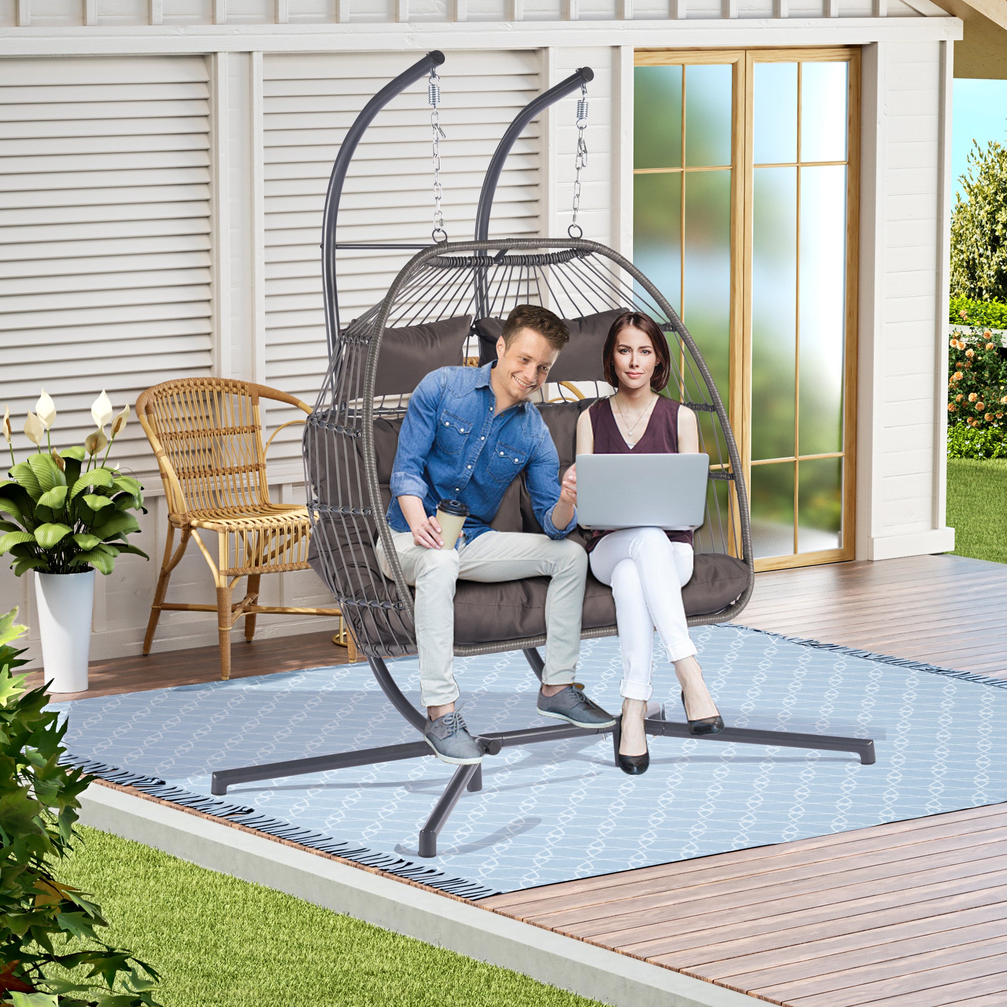 2 Person Wicker Rattan Patio Hanging Swing Egg Chair with Cushion