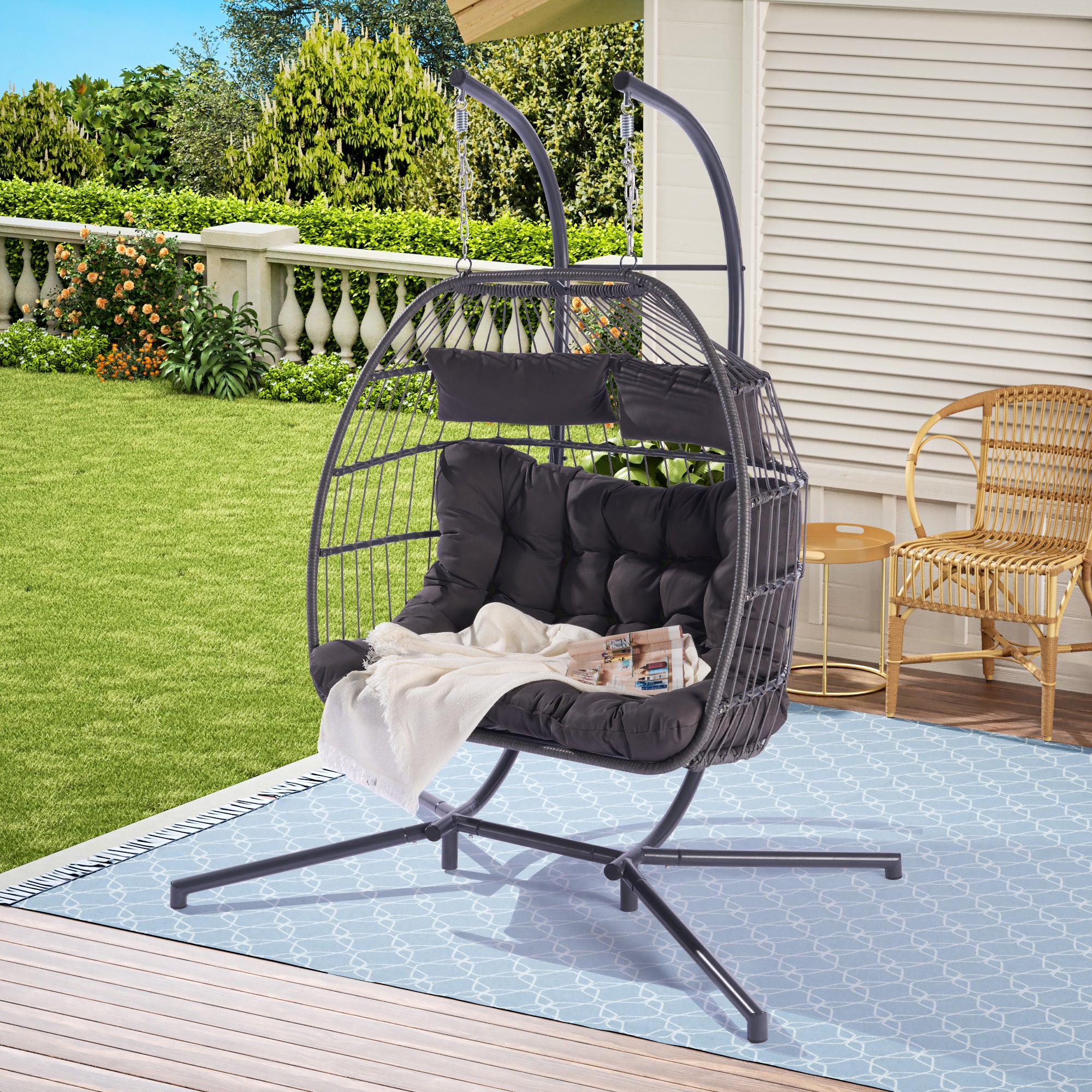 2 Person Wicker Rattan Patio Hanging Swing Egg Chair with Cushion