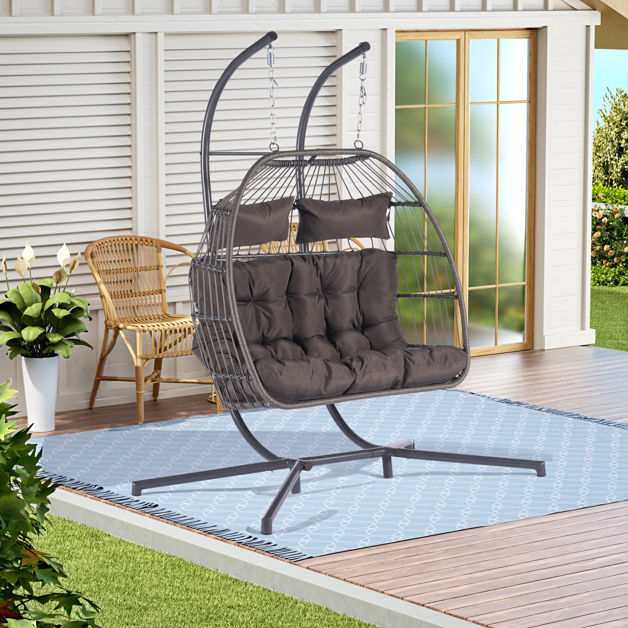 2 Person Wicker Rattan Patio Hanging Swing Egg Chair with Cushion