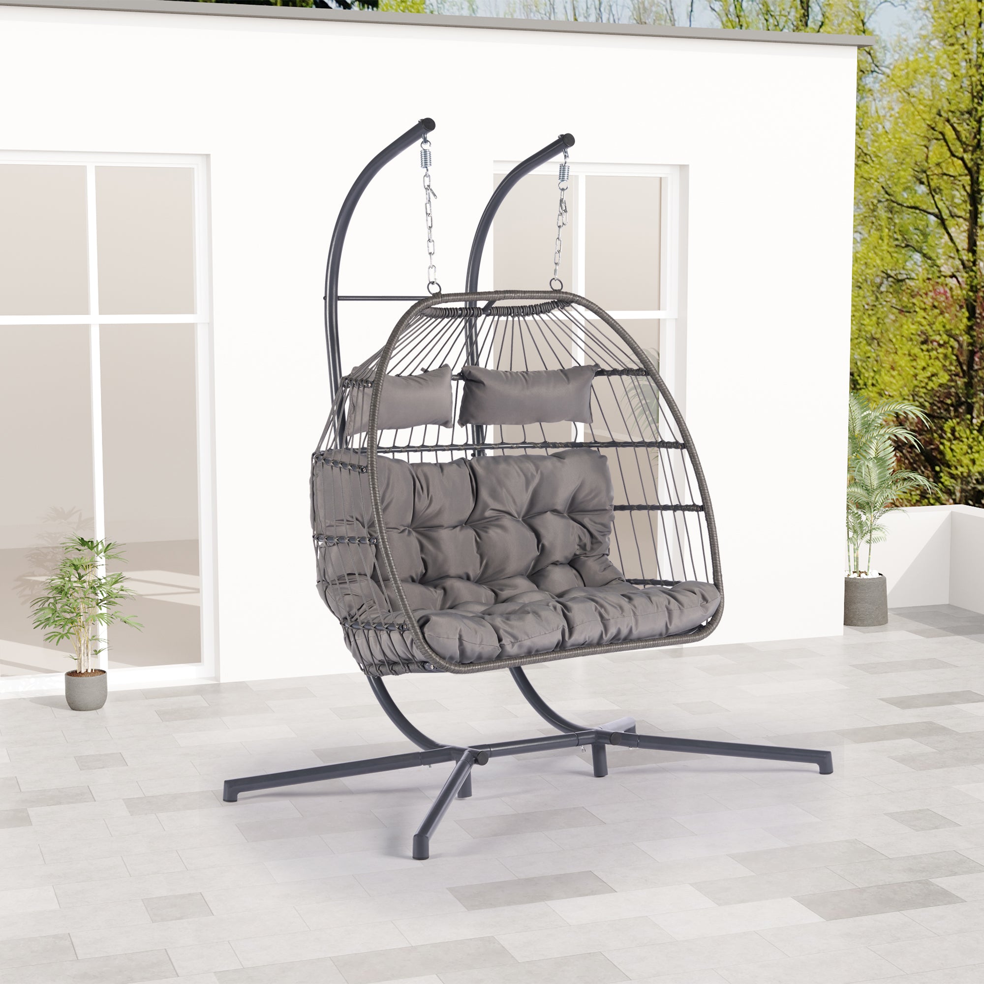 2 Person Wicker Rattan Patio Hanging Swing Egg Chair with Cushion