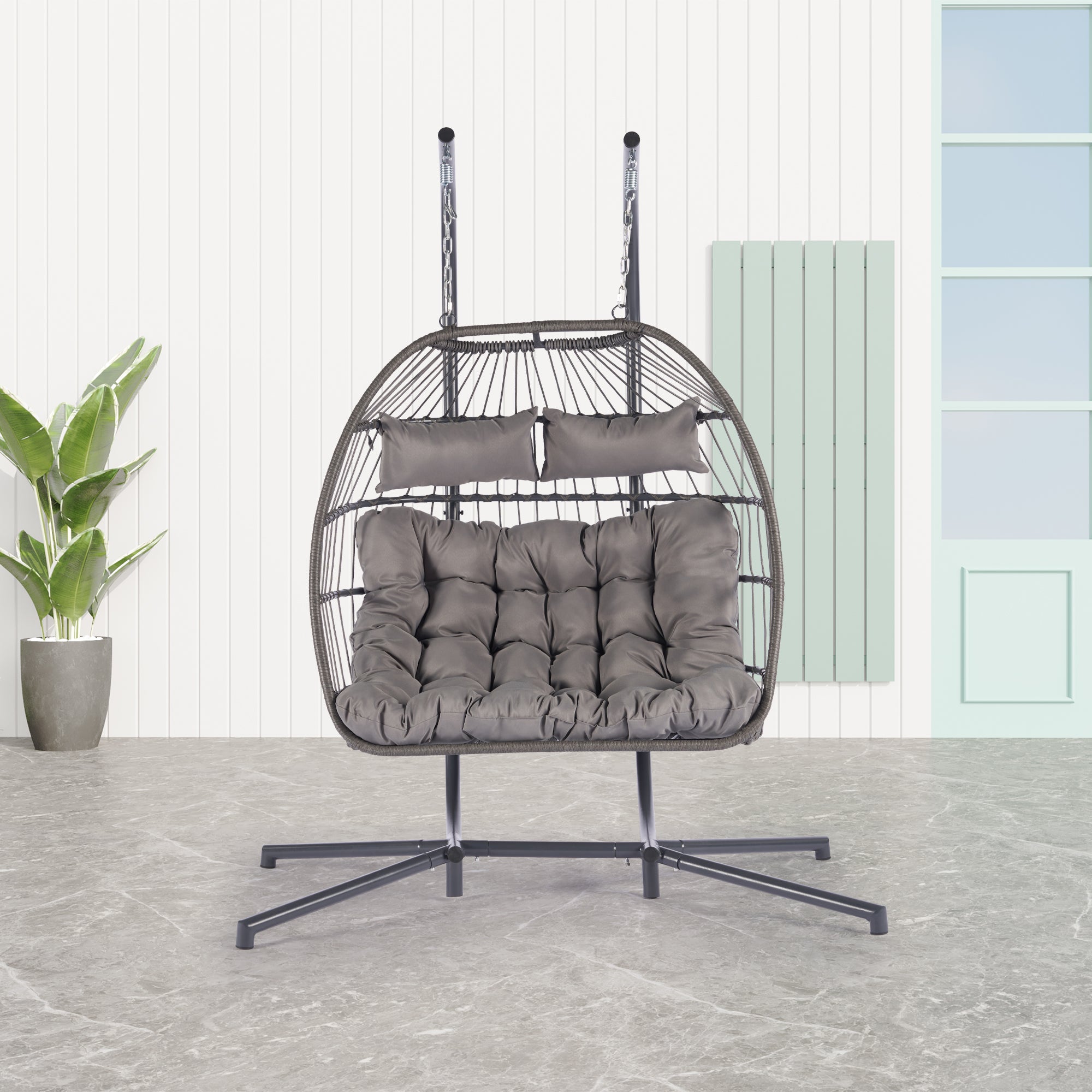 2 Person Wicker Rattan Patio Hanging Swing Egg Chair with Cushion