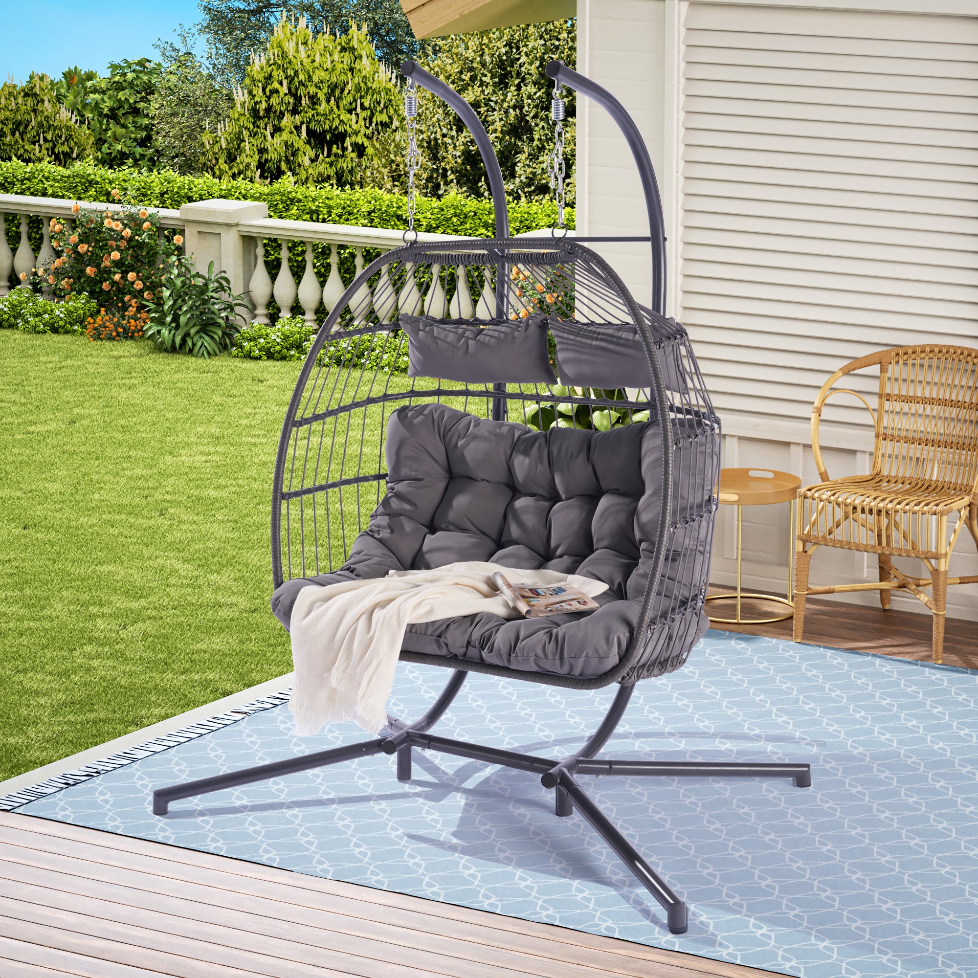 2 Person Wicker Rattan Patio Hanging Swing Egg Chair with Cushion