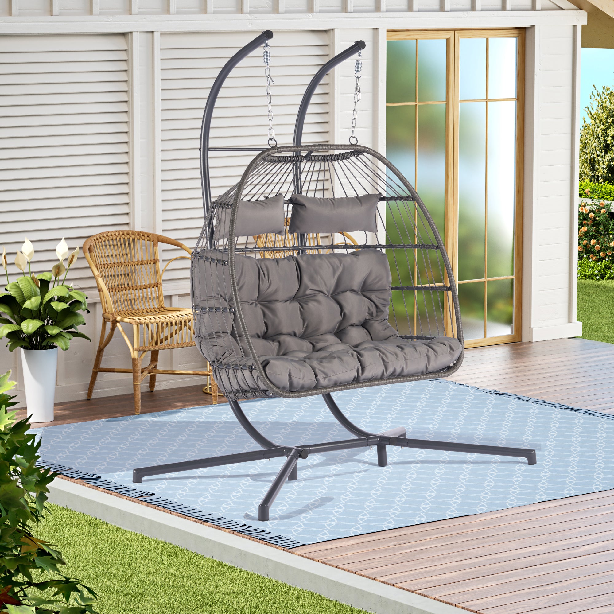 2 Person Wicker Rattan Patio Hanging Swing Egg Chair with Cushion