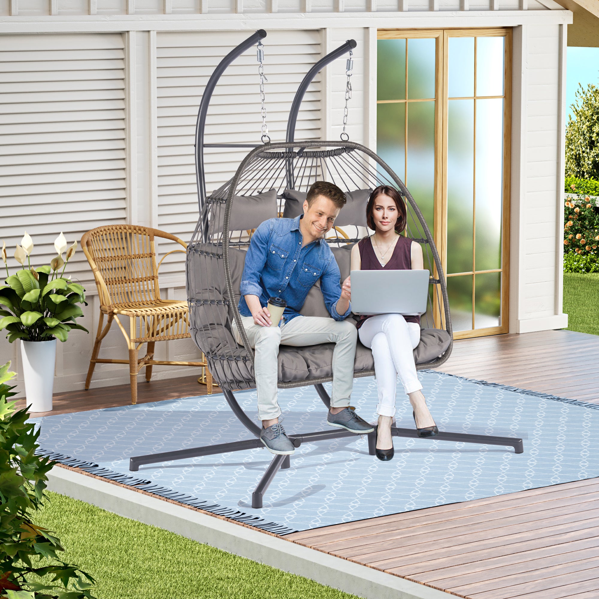 2 Person Wicker Rattan Patio Hanging Swing Egg Chair with Cushion