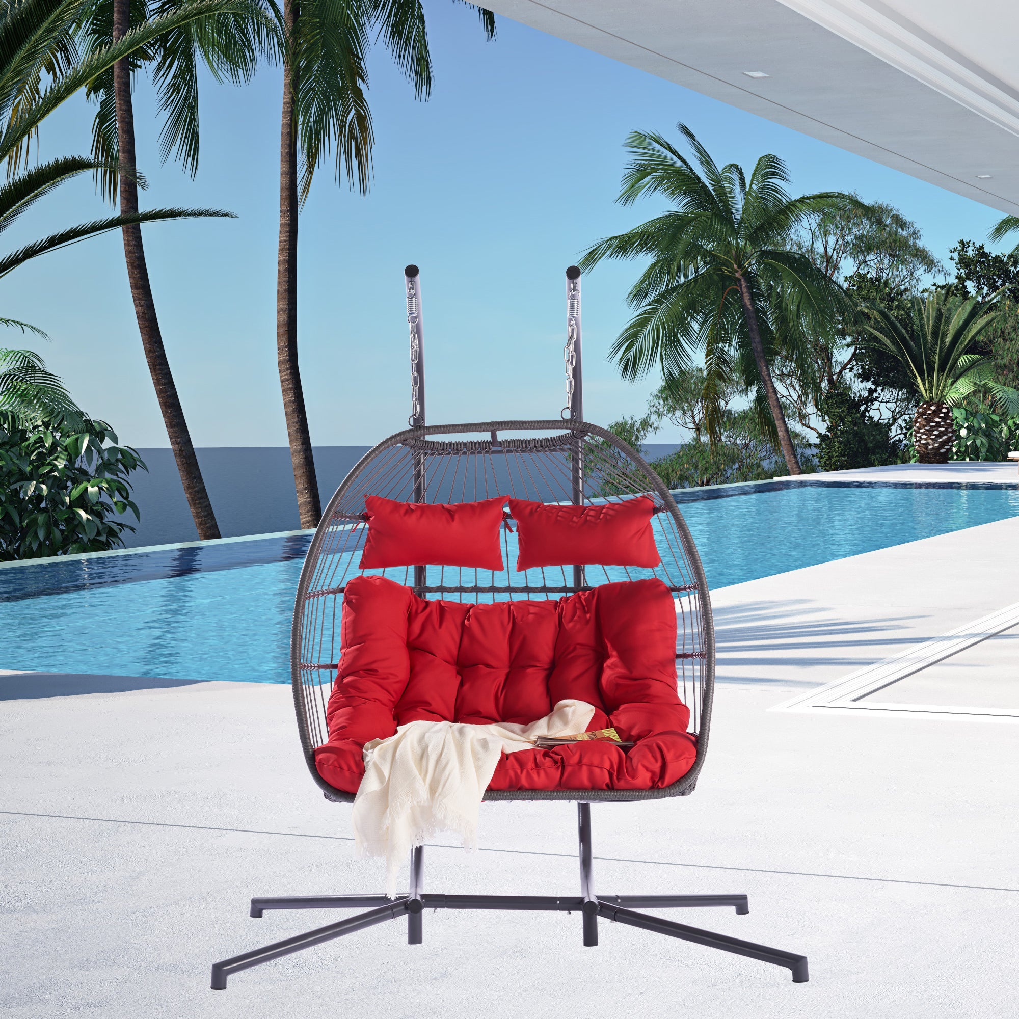 2 Person Wicker Rattan Patio Hanging Swing Egg Chair with Cushion