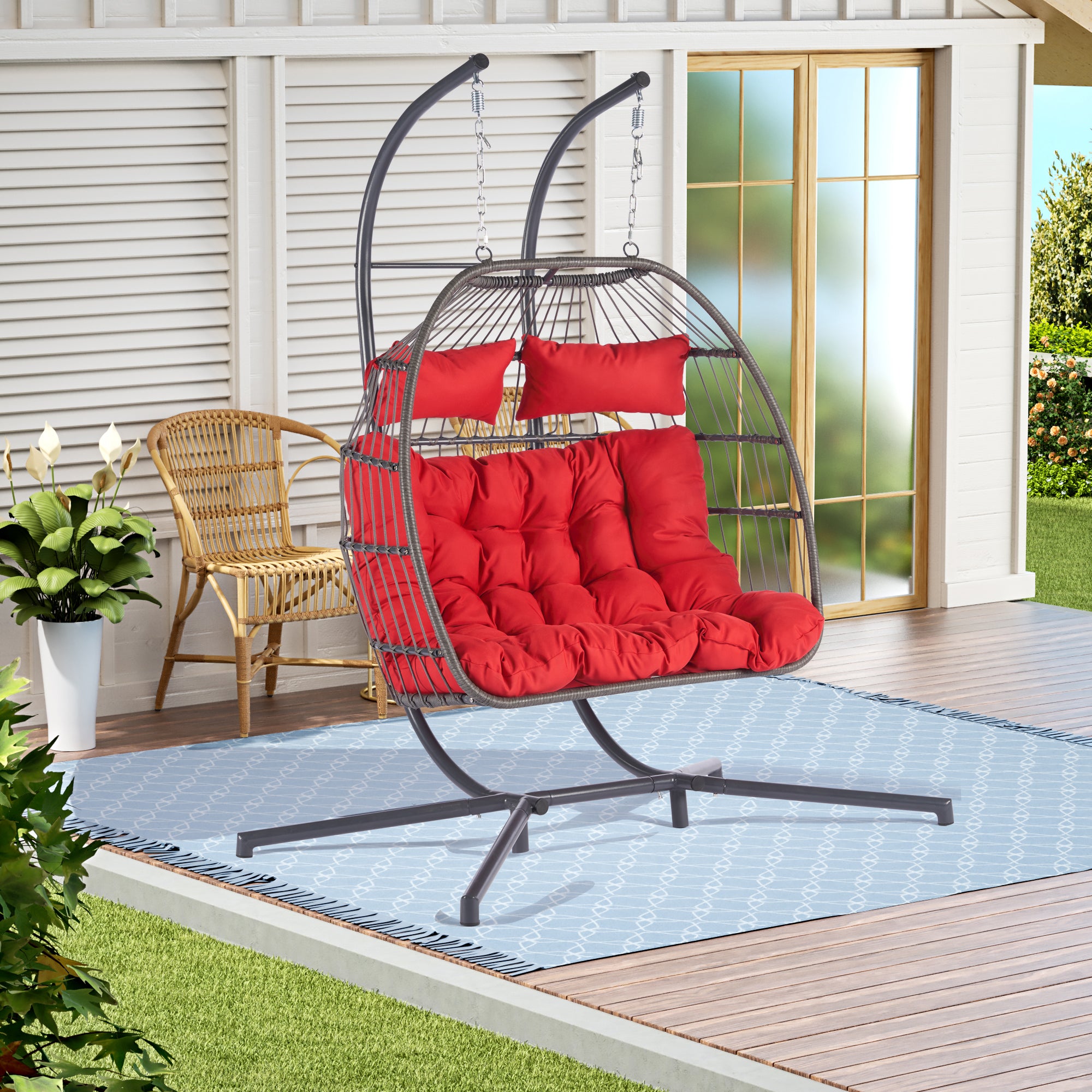 2 Person Wicker Rattan Patio Hanging Swing Egg Chair with Cushion