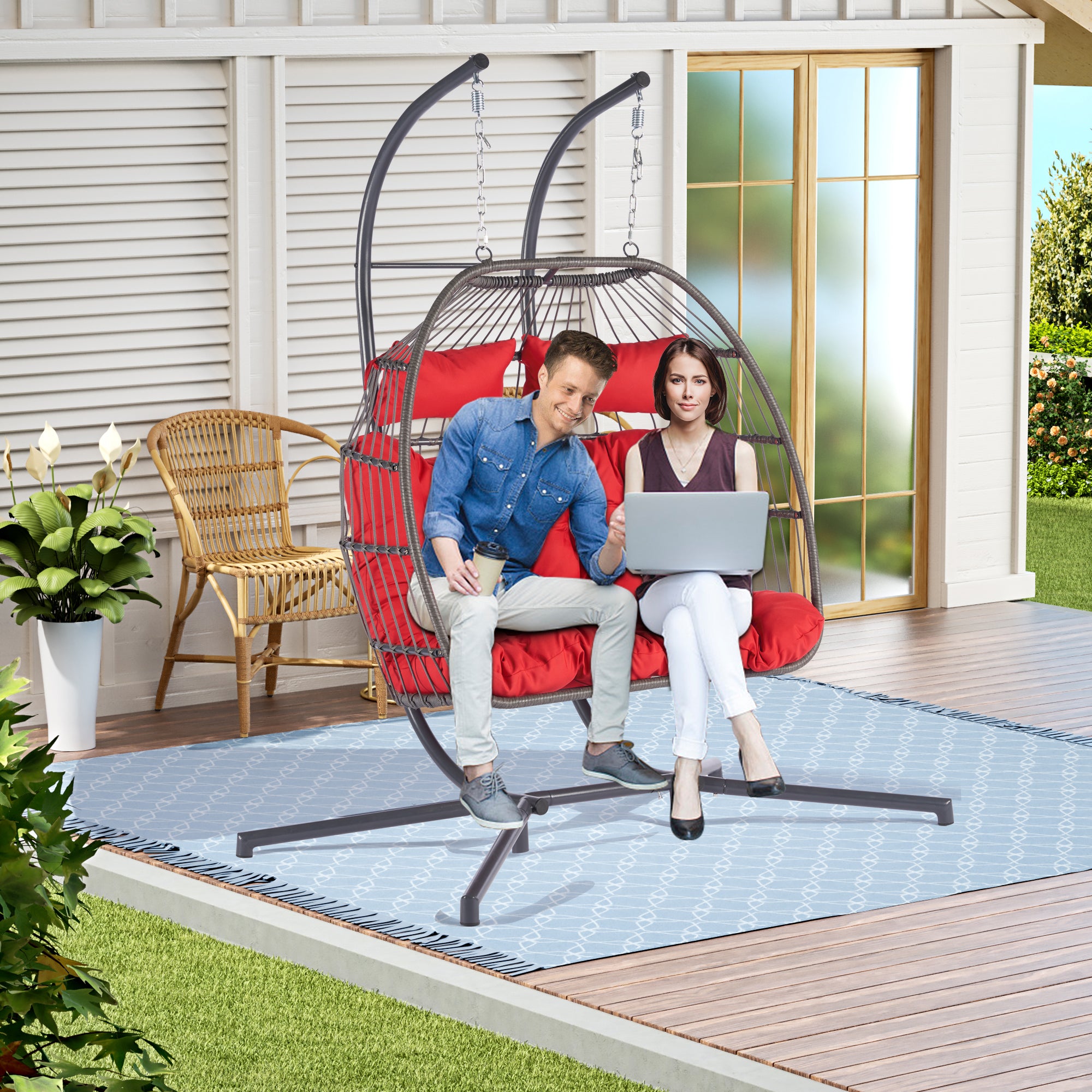 2 Person Wicker Rattan Patio Hanging Swing Egg Chair with Cushion