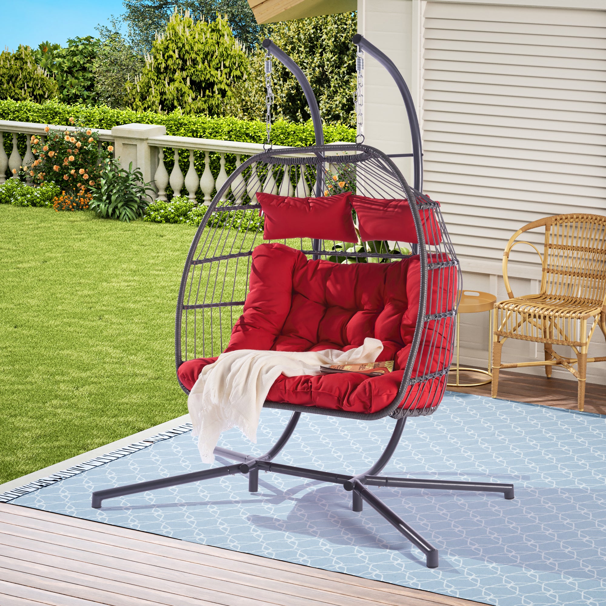 2 Person Wicker Rattan Patio Hanging Swing Egg Chair with Cushion