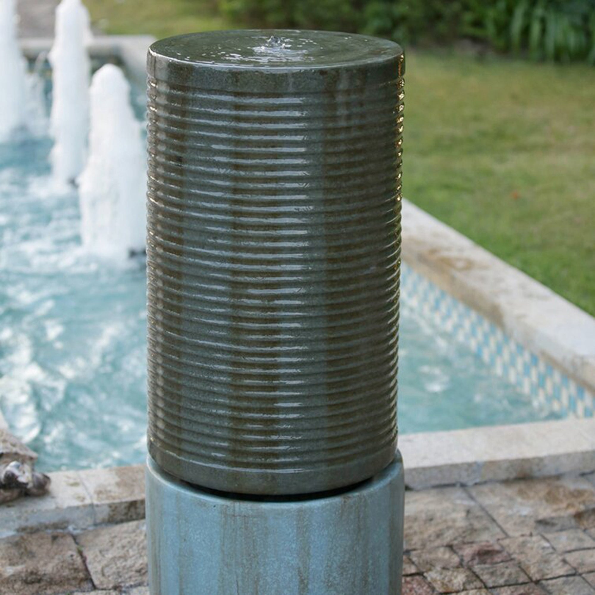 44 in. Tall Outdoor Large Round Green Ribbed Tower Water Fountain    BOEDFF01AGN