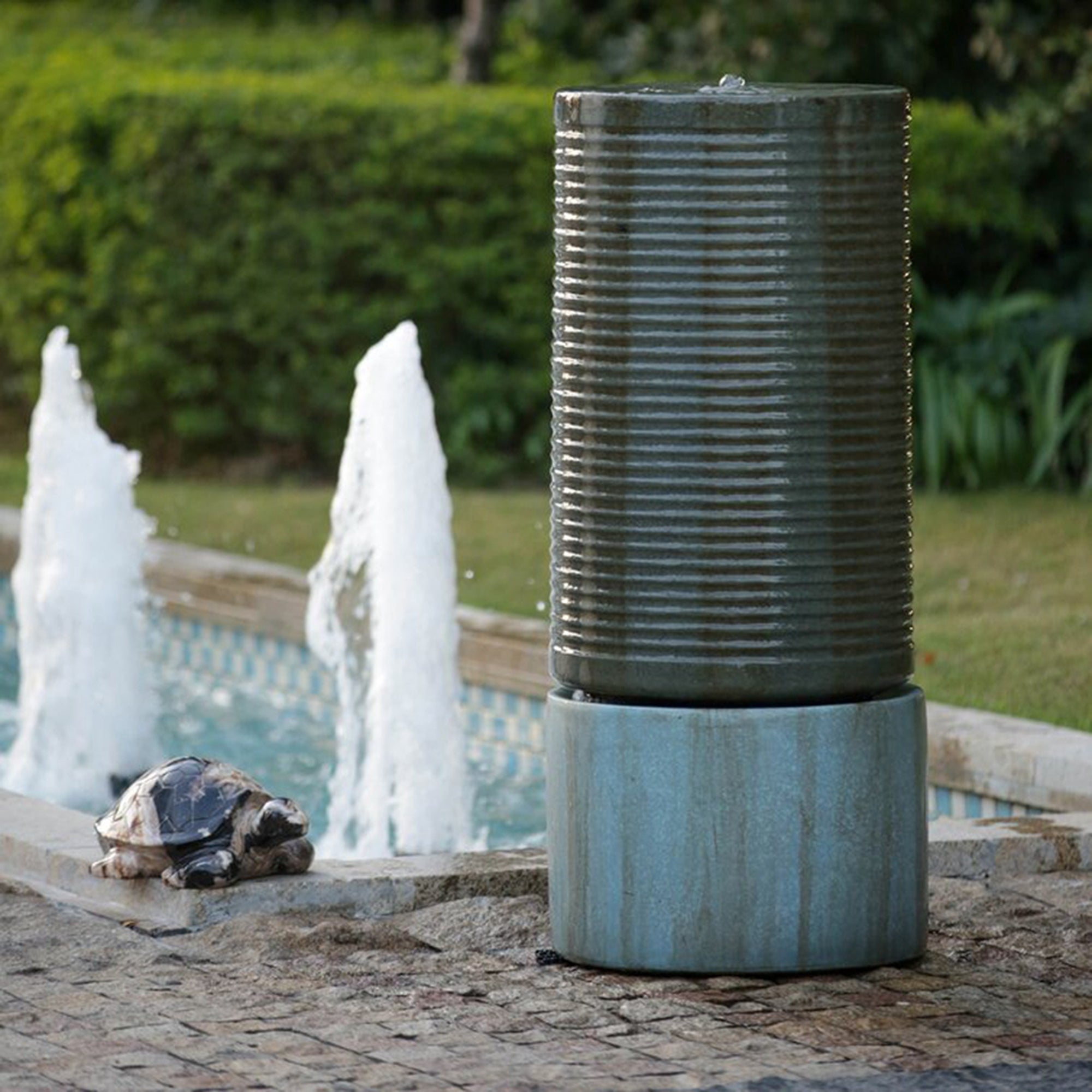 44 in. Tall Outdoor Large Round Green Ribbed Tower Water Fountain    BOEDFF01AGN