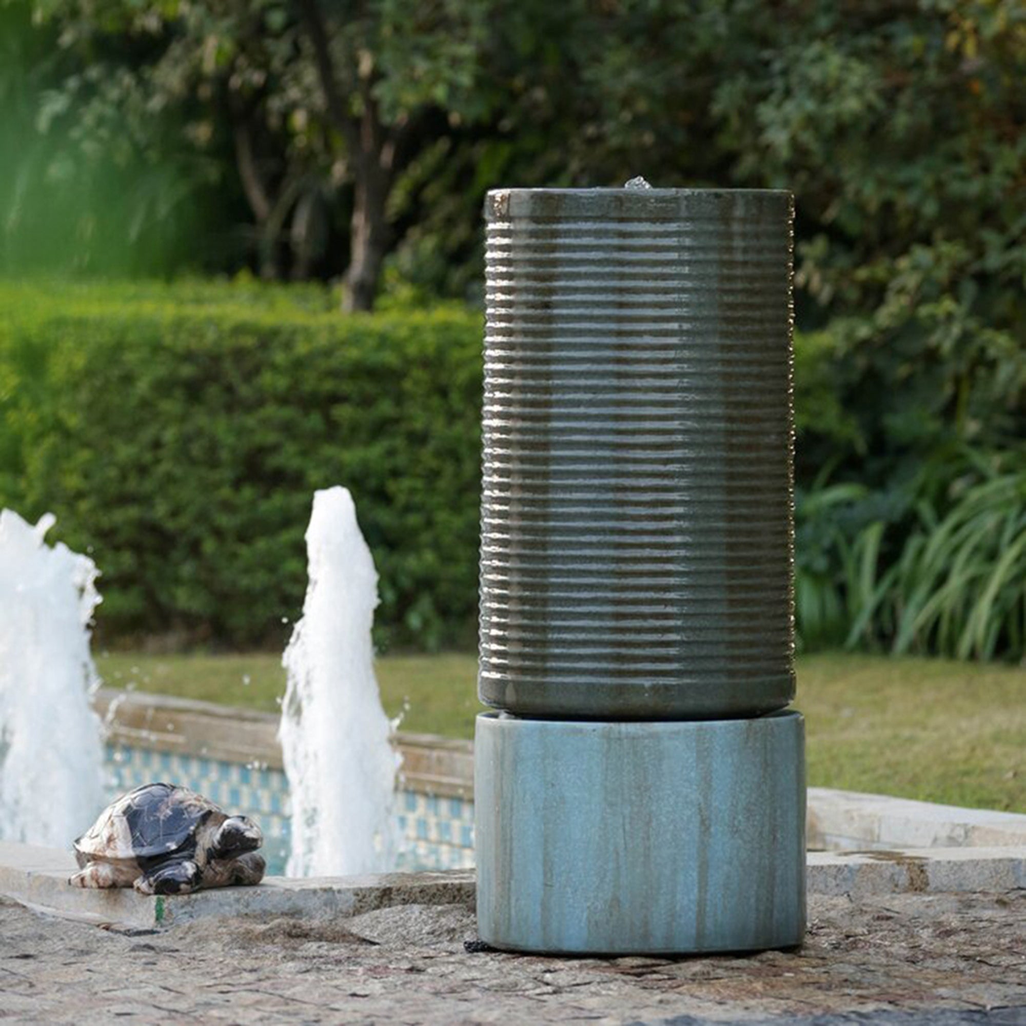 44 in. Tall Outdoor Large Round Green Ribbed Tower Water Fountain    BOEDFF01AGN