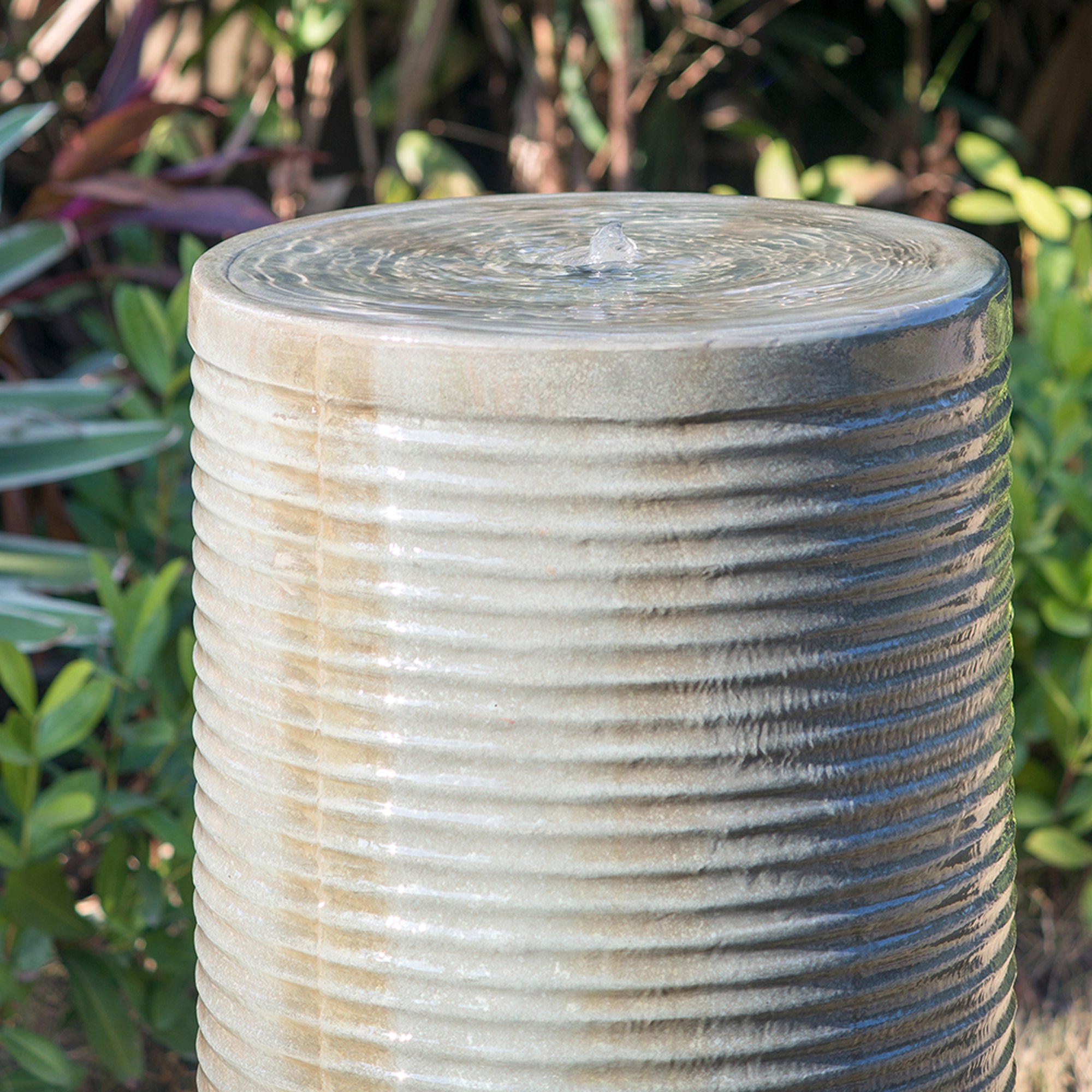 44 in. Tall Outdoor Round Cylinder Ribbed Tower Water Fountain with Rustic Base  BOEDFF02AGN-R