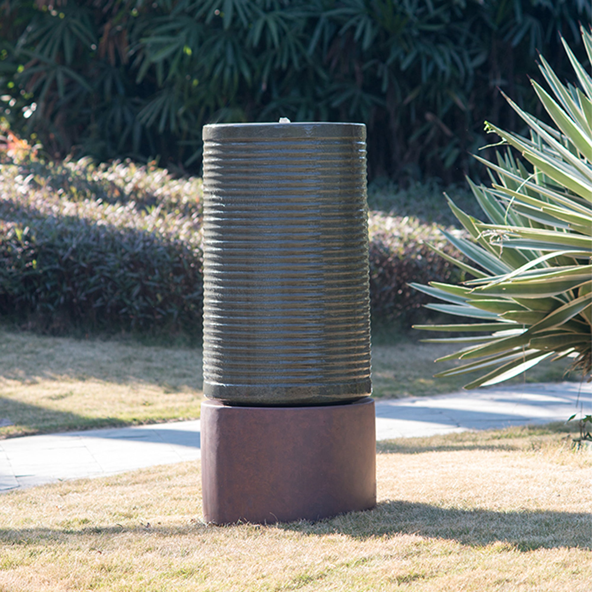 44 in. Tall Outdoor Round Cylinder Ribbed Tower Water Fountain with Rustic Base  BOEDFF02AGN-R