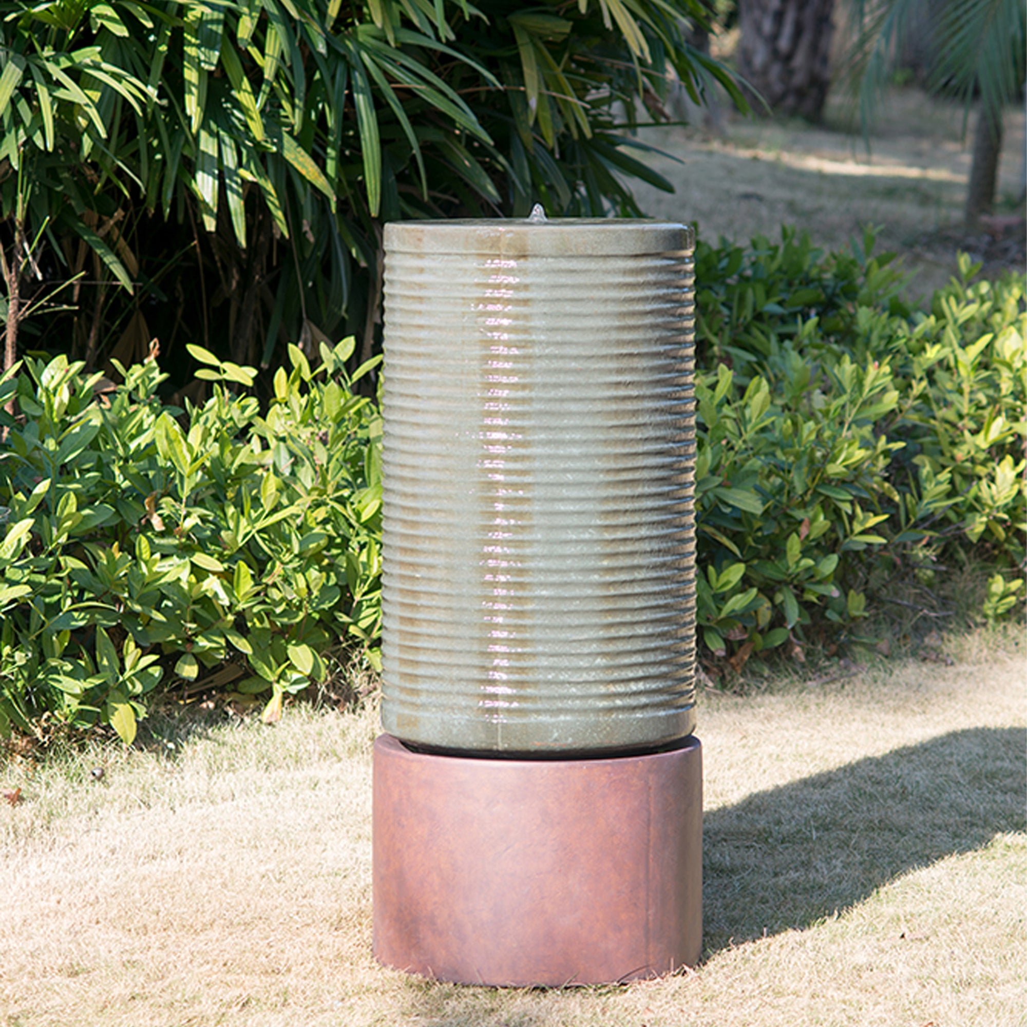 44 in. Tall Outdoor Round Cylinder Ribbed Tower Water Fountain with Rustic Base  BOEDFF02AGN-R