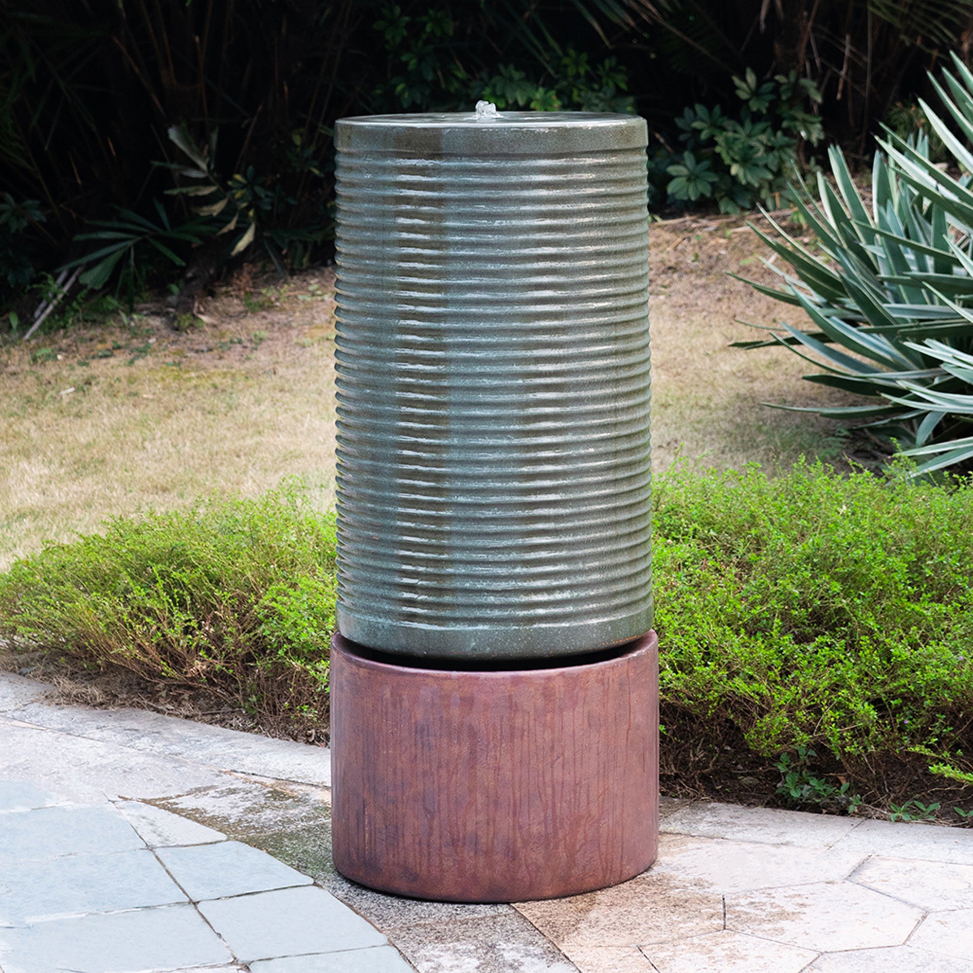 44 in. Tall Outdoor Round Cylinder Ribbed Tower Water Fountain with Rustic Base  BOEDFF02AGN-R