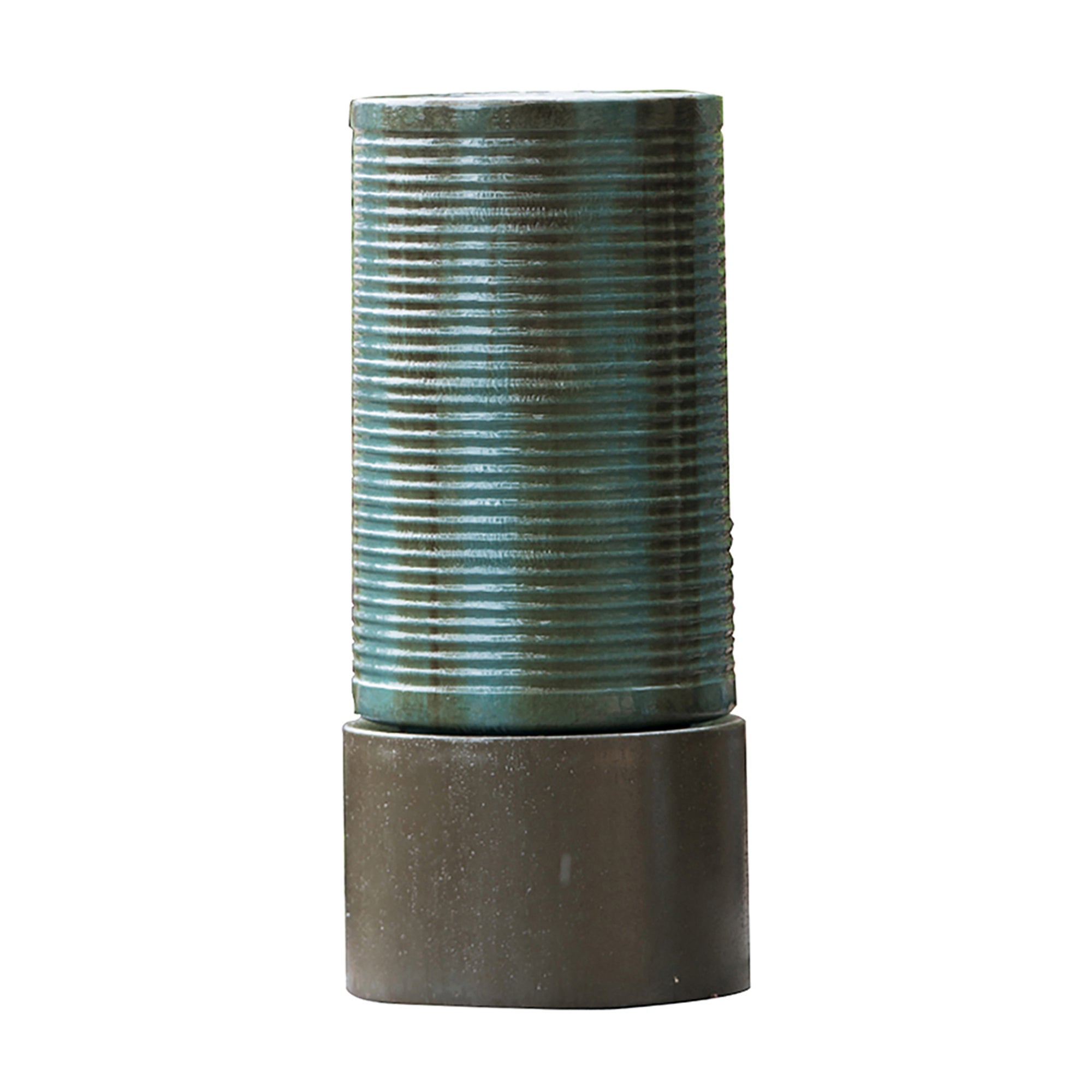 44 in. Tall Outdoor Round Concrete Cylinder Ribbed Tower Water Fountain BOEDFF03AGN-BRO
