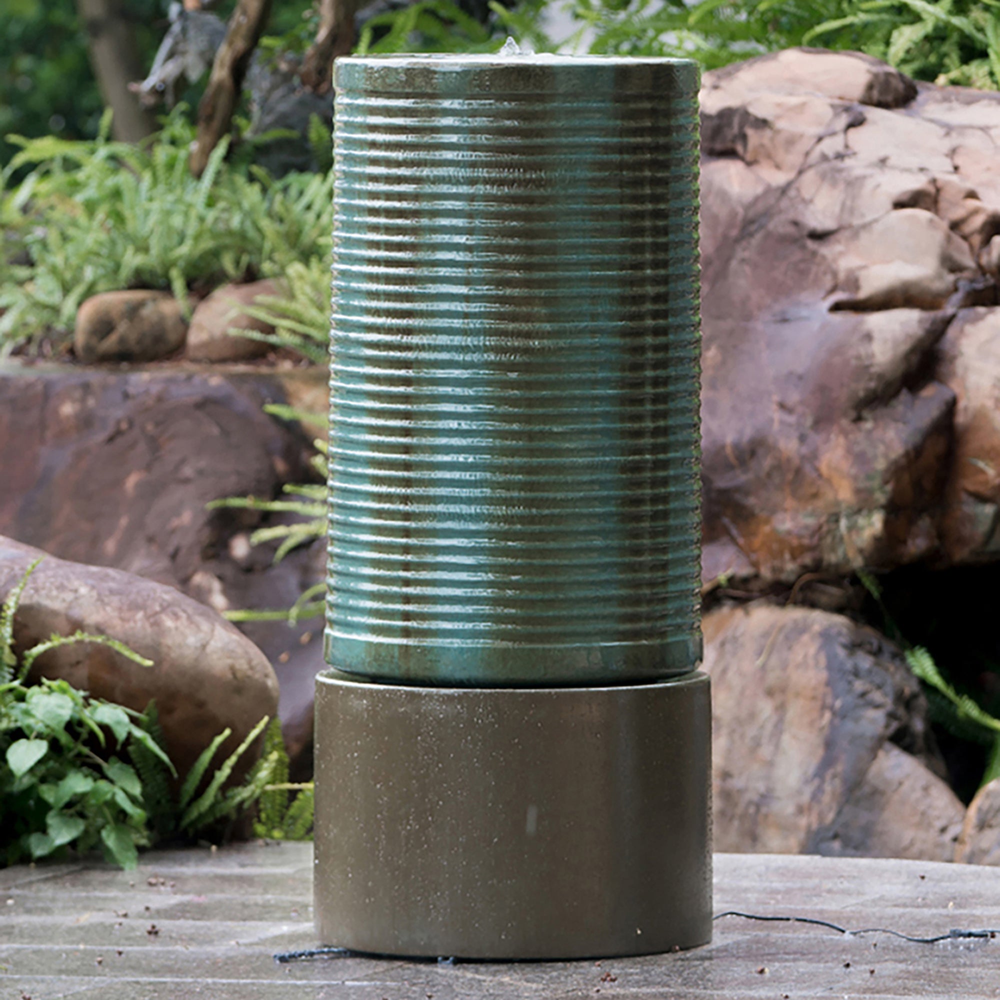 44 in. Tall Outdoor Round Concrete Cylinder Ribbed Tower Water Fountain BOEDFF03AGN-BRO