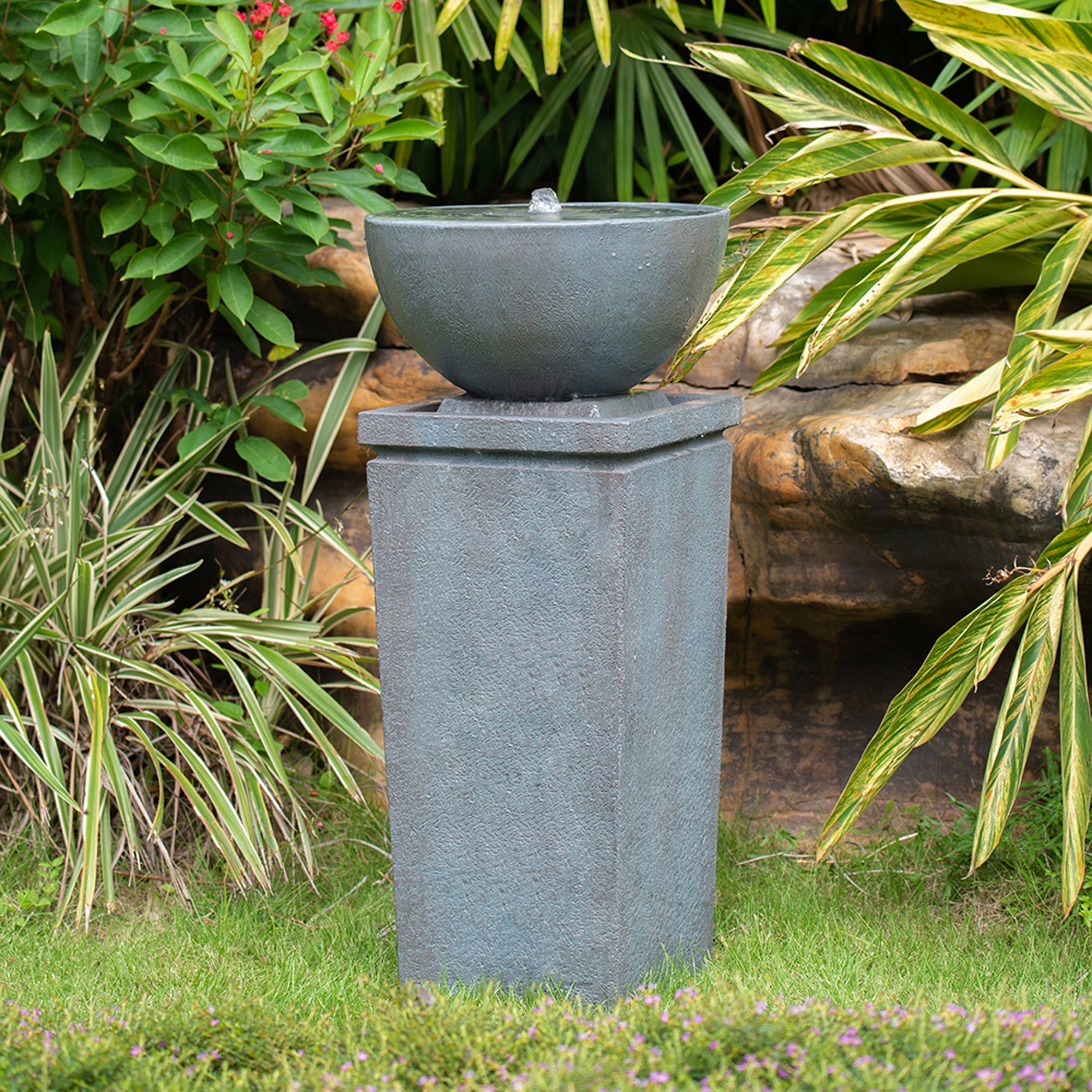 35.5 in. Tall Outdoor Gray Polyresin Zen Bowl Water Fountain  BOEDFF04-35GR
