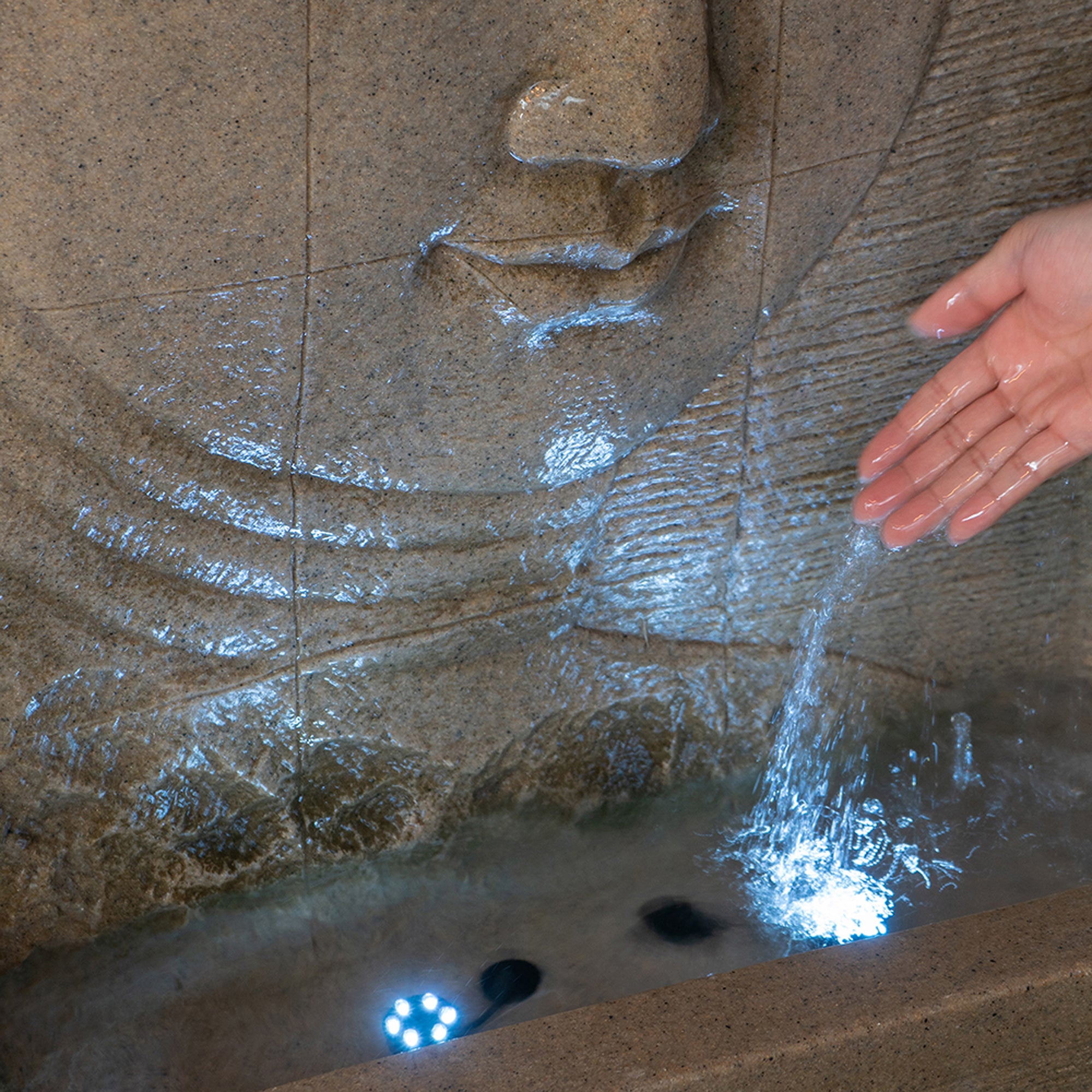 39 in. Tall Indoor/Outdoor Sandstone Buddha Water Fountain with Light  BOEDFF05BEG