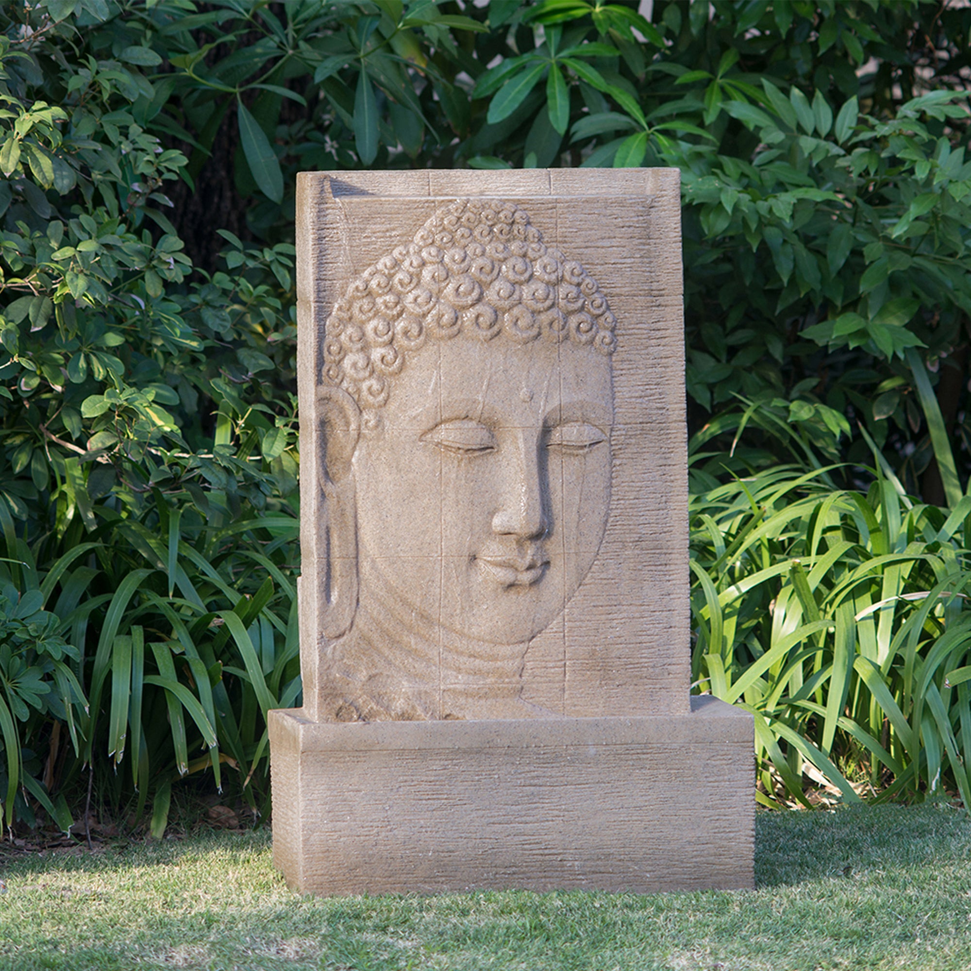 39 in. Tall Indoor/Outdoor Sandstone Buddha Water Fountain with Light  BOEDFF05BEG