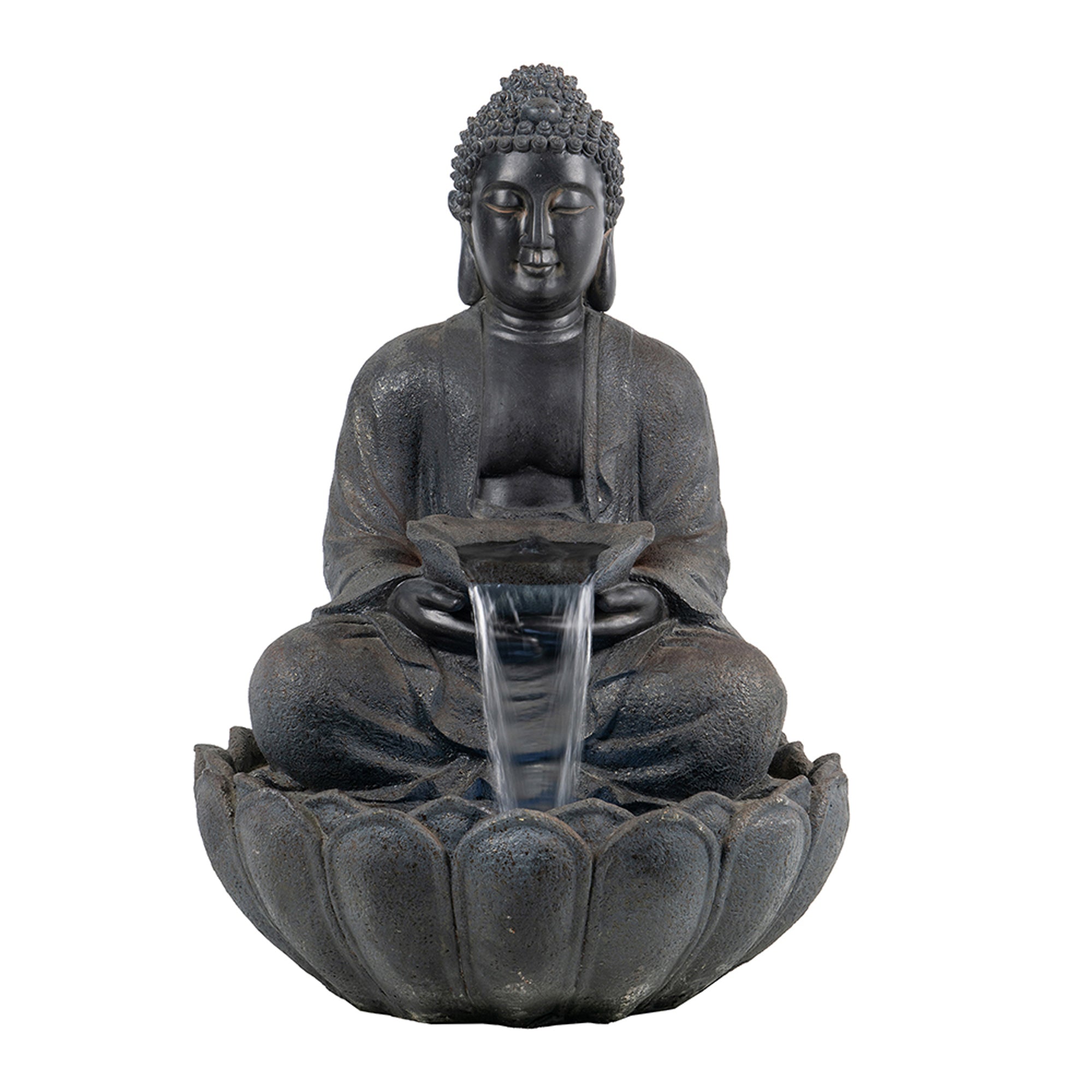 34 in. Tall Outdoor Dark Gray Buddha Statue Water Fountain with Light BOEDFF06B-GR